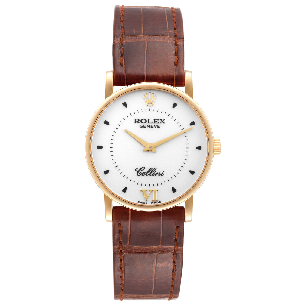 Rolex Cellini Classic Yellow Gold Silver Dial Brown Strap Mens Watch 5115 Papers