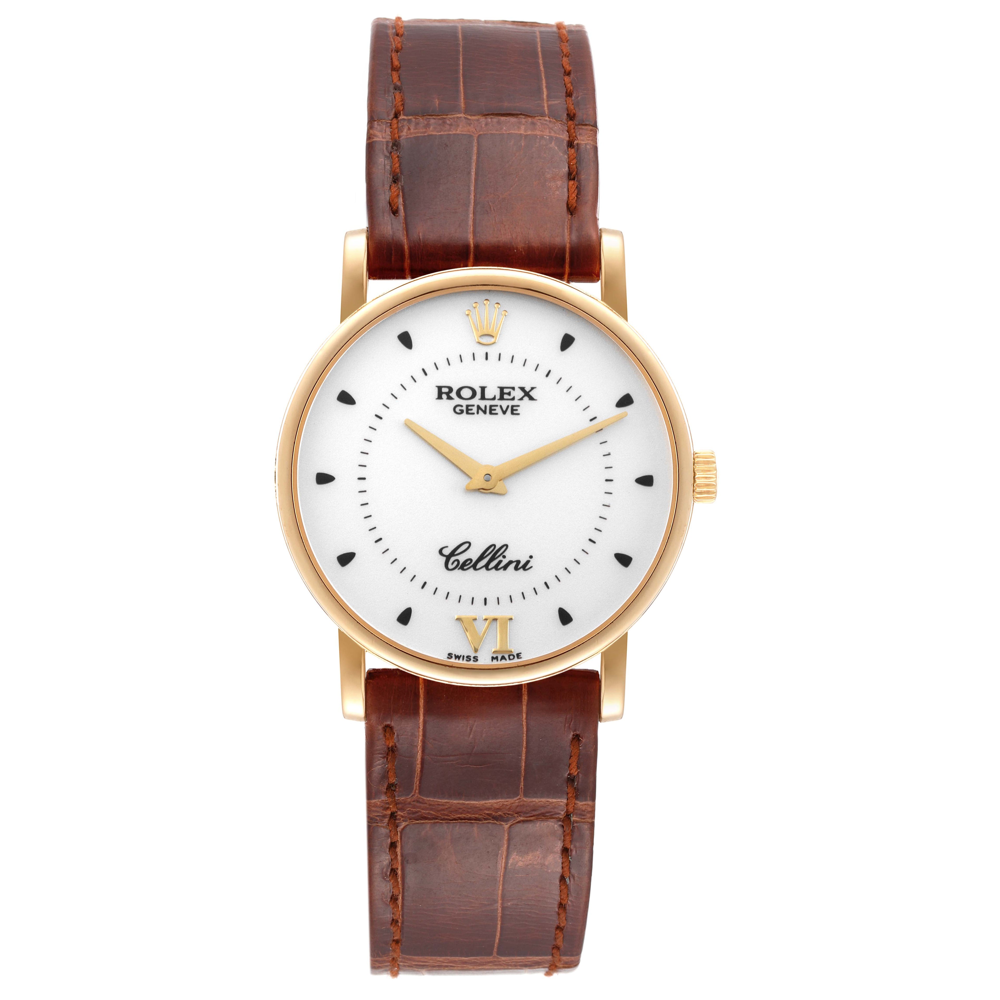 Rolex Cellini Classic Yellow Gold Silver Dial Brown Strap Mens Watch 5115 Papers