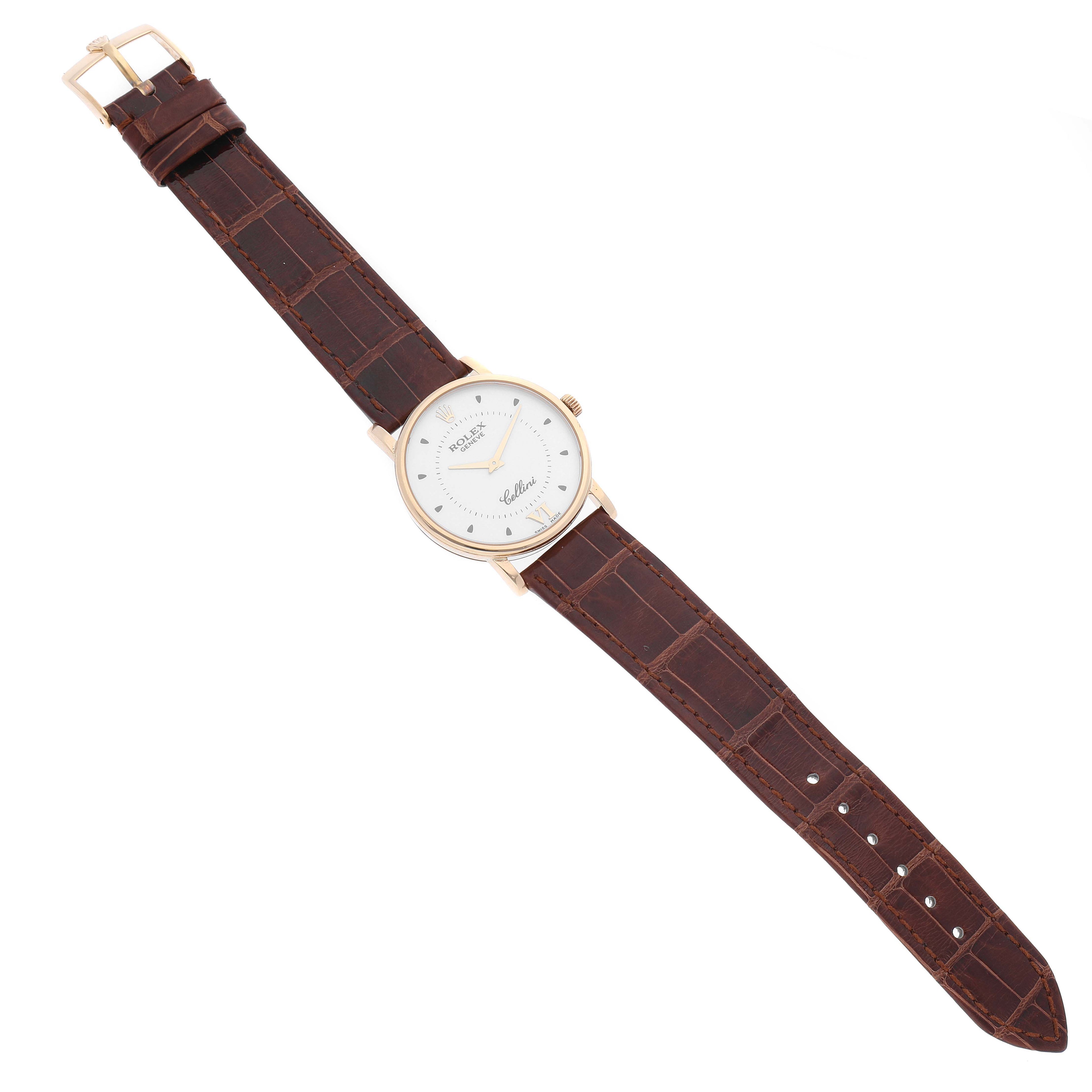 Rolex Cellini Classic Yellow Gold Silver Dial Brown Strap Mens Watch 5115 Papers