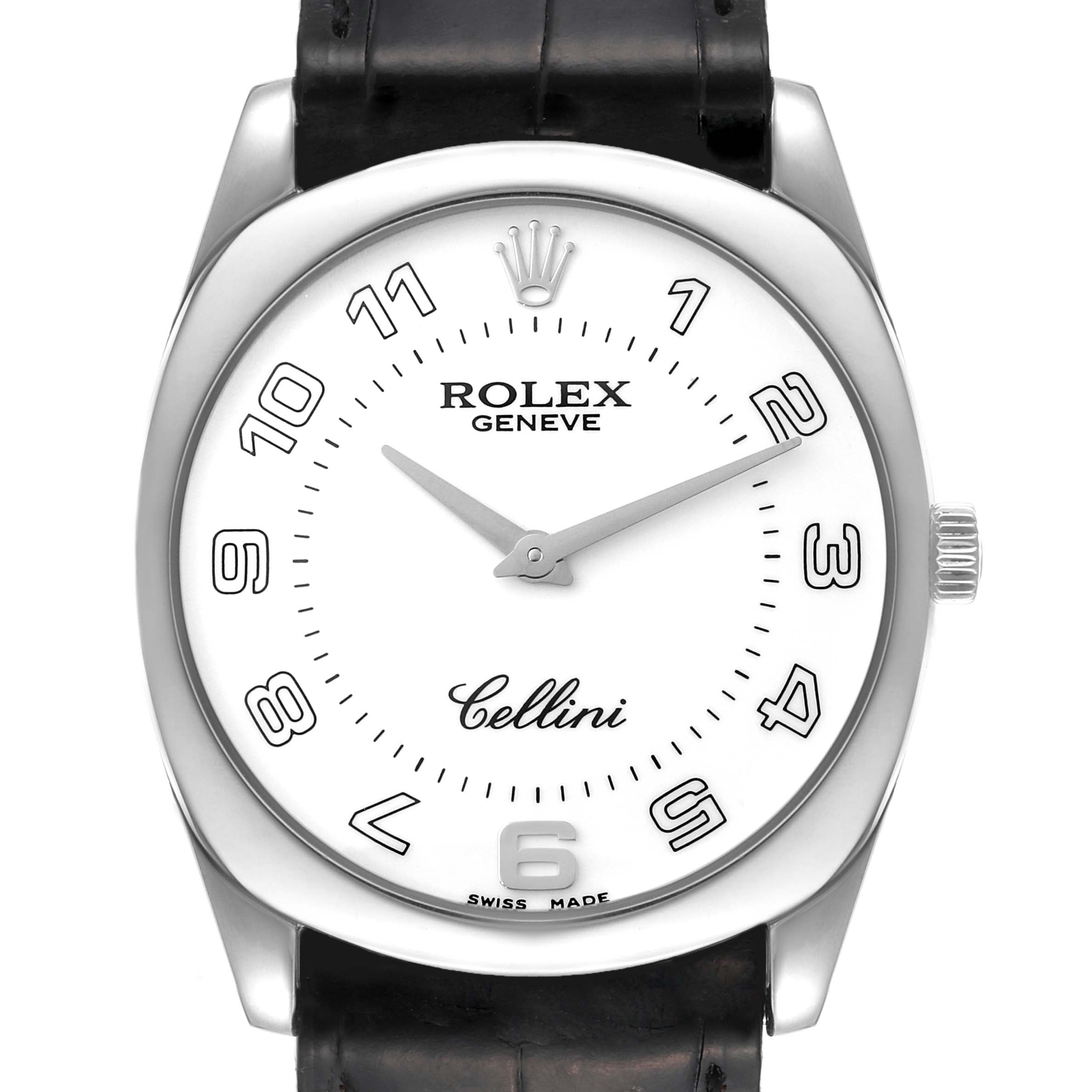 Rolex Cellini Danaos 18K White Gold Black Strap Mens Watch 4233