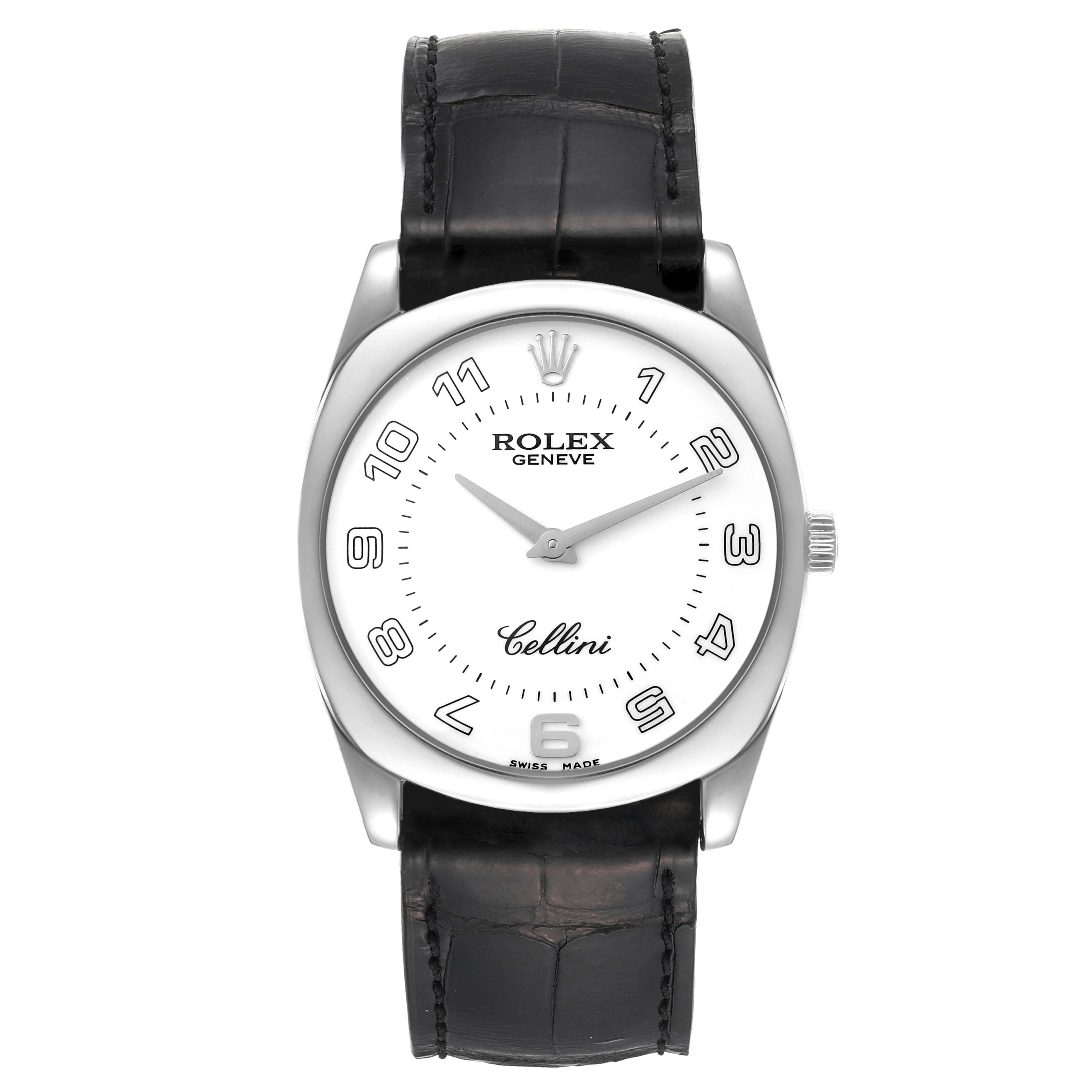 Rolex Cellini Danaos 18K White Gold Black Strap Mens Watch 4233