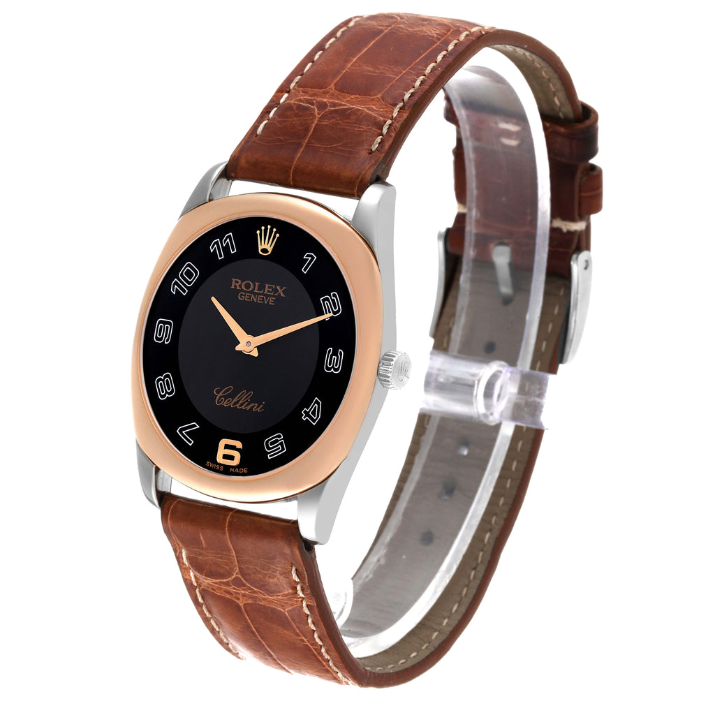 Rolex Cellini Danaos Black Dial White Gold Rose Gold Brown Strap Mens Watch 4233