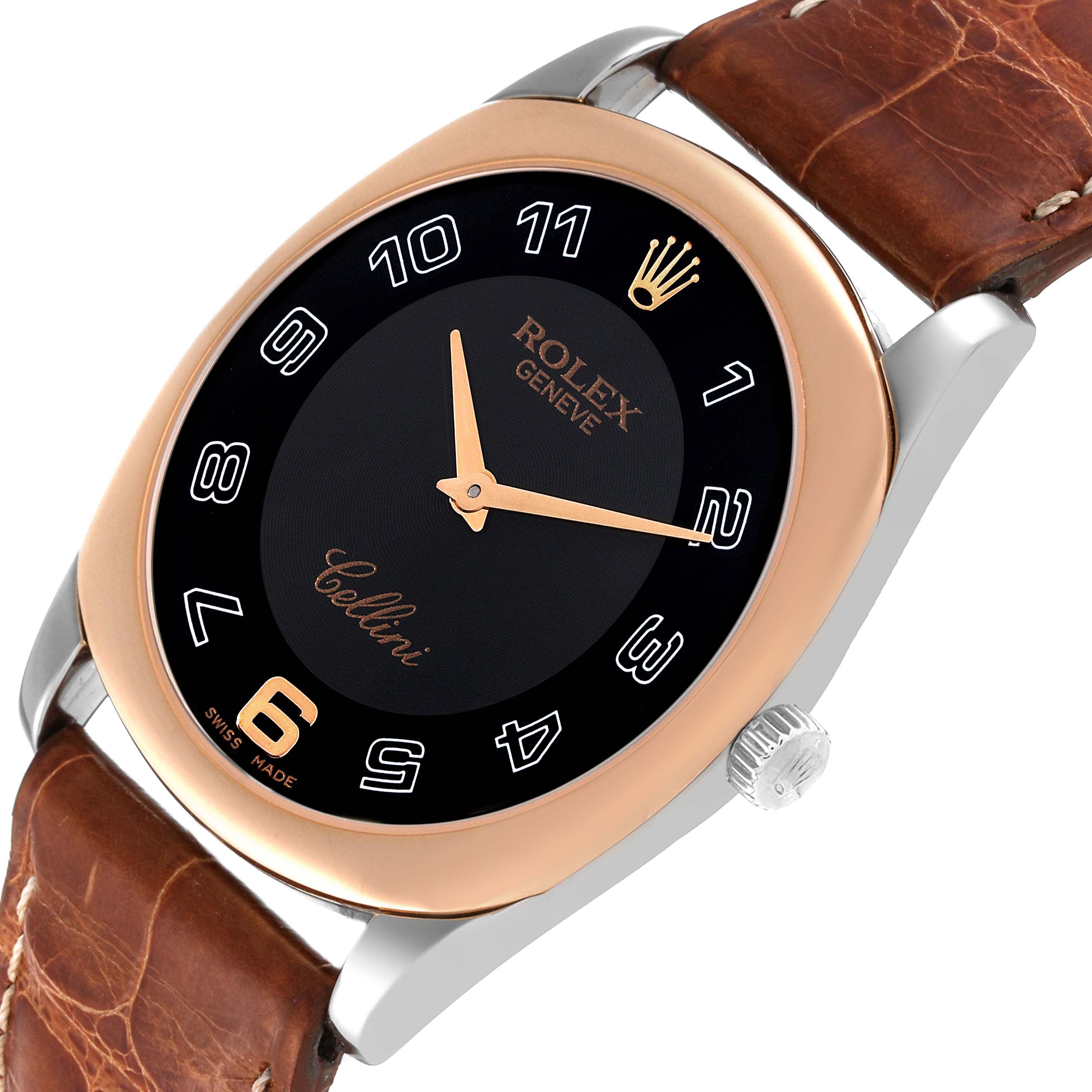 Rolex Cellini Danaos Black Dial White Gold Rose Gold Brown Strap Mens Watch 4233