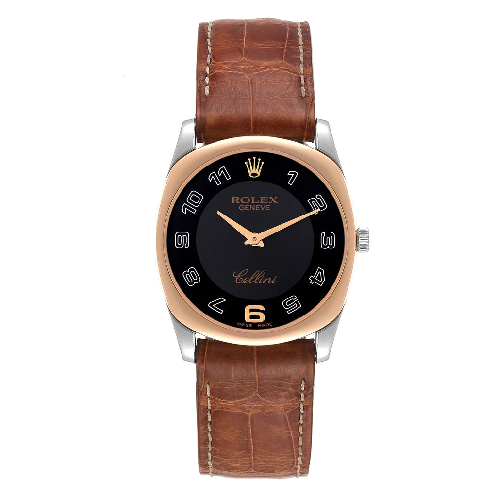 Rolex Cellini Danaos Black Dial White Gold Rose Gold Brown Strap Mens Watch 4233