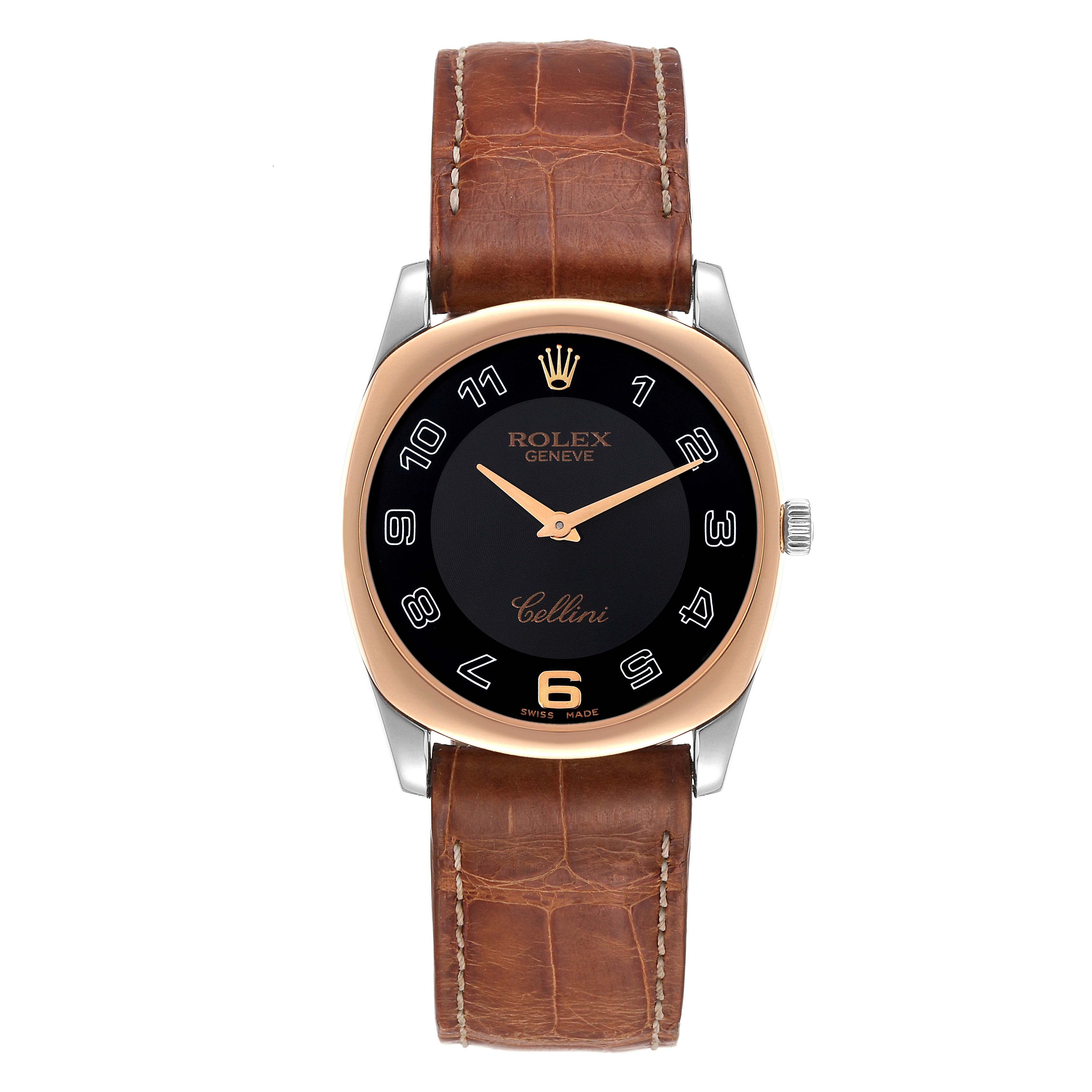 Rolex Cellini Danaos Black Dial White Gold Rose Gold Brown Strap Mens Watch 4233