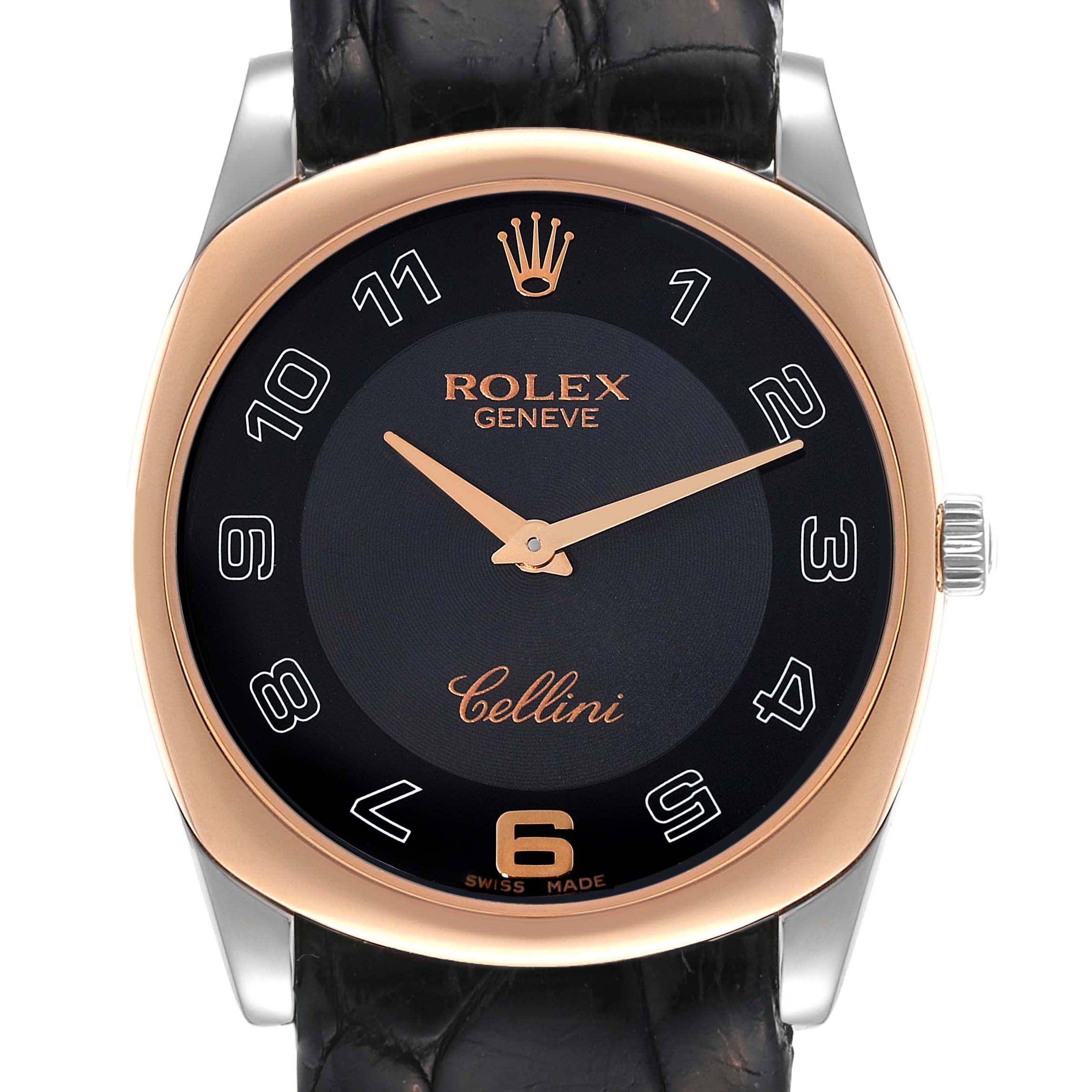 Rolex Cellini Danaos White and Rose Gold Black Strap Mens Watch 4233