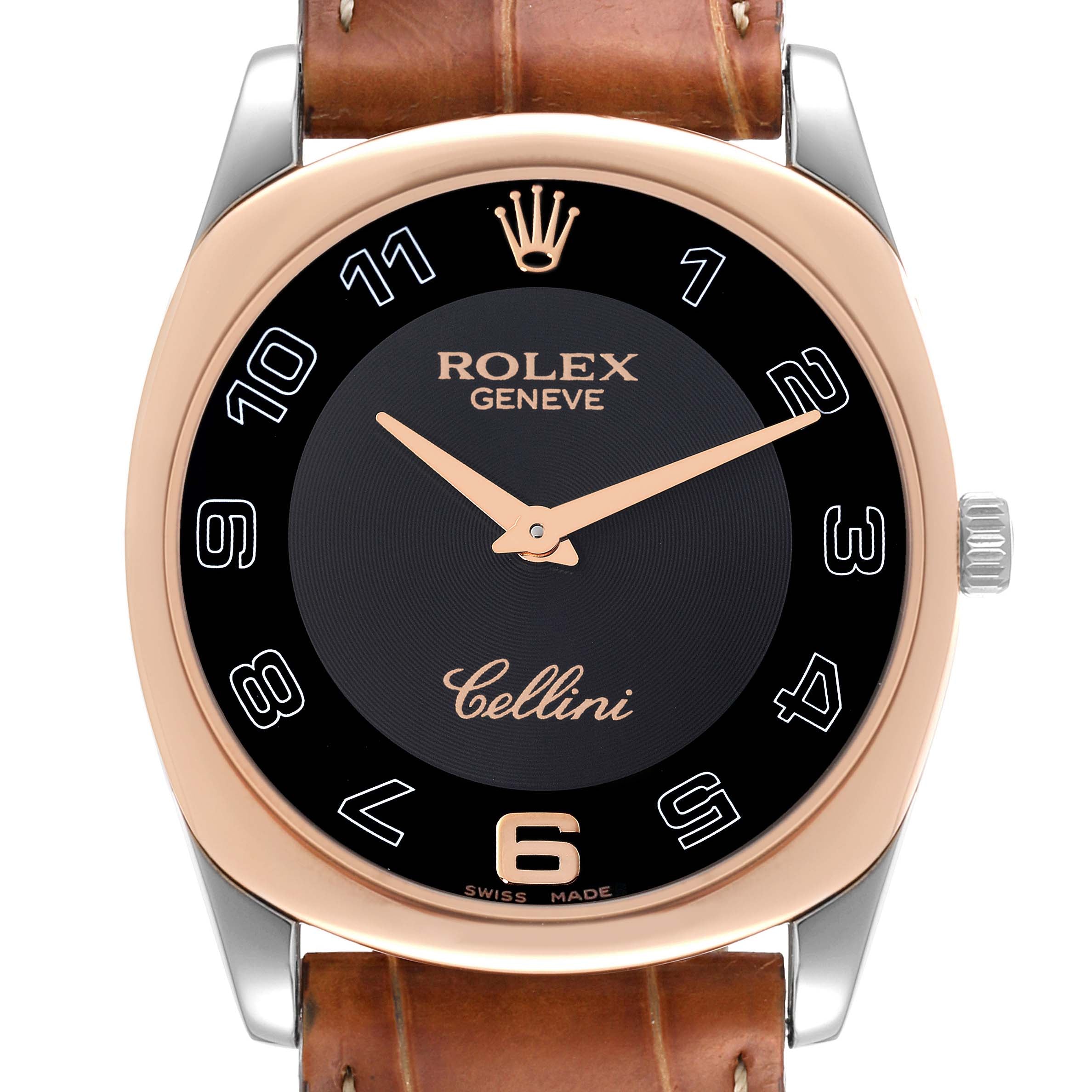 Rolex Cellini Danaos White and Rose Gold Brown Strap Mens Watch 4233