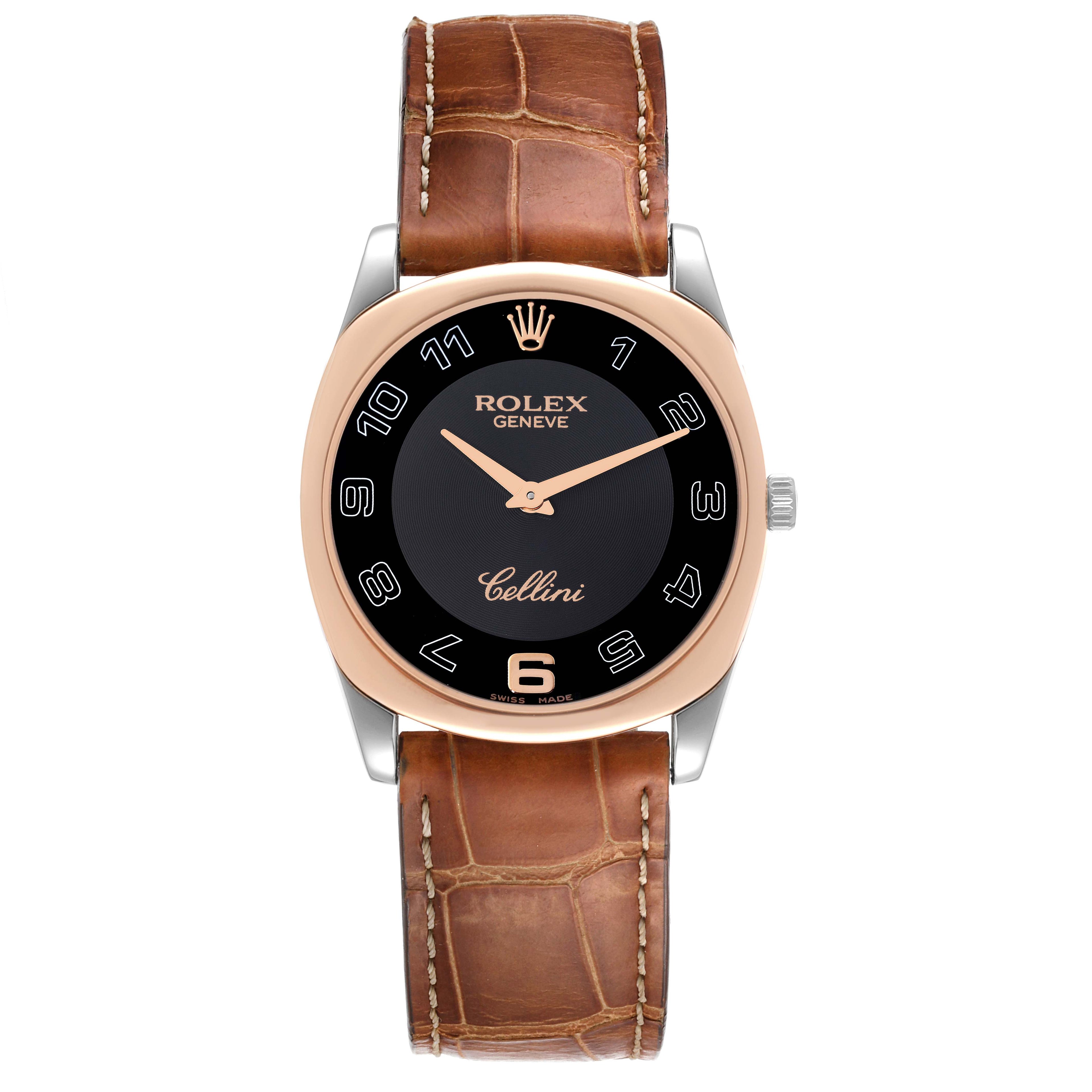 Rolex Cellini Danaos White and Rose Gold Brown Strap Mens Watch 4233
