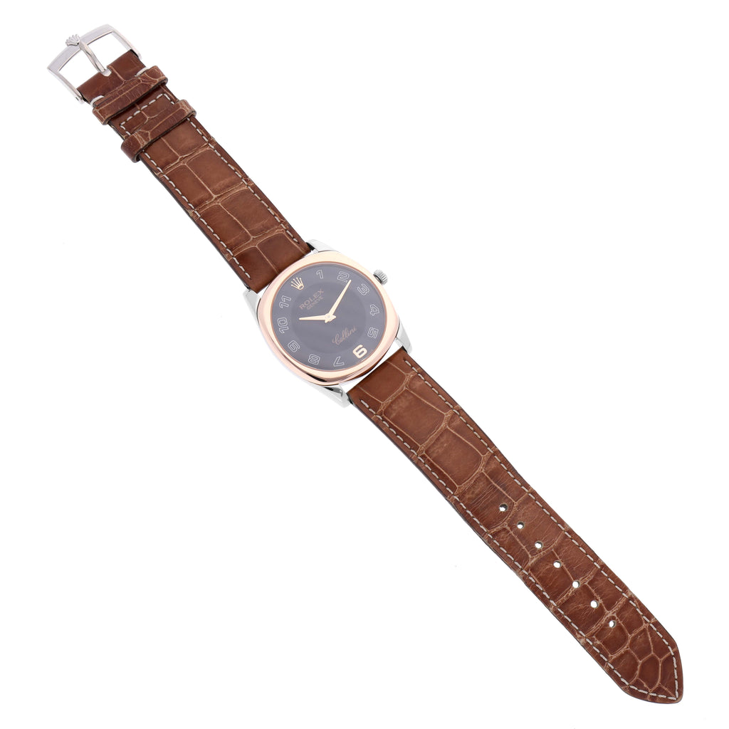 Rolex Cellini Danaos White and Rose Gold Brown Strap Mens Watch 4233