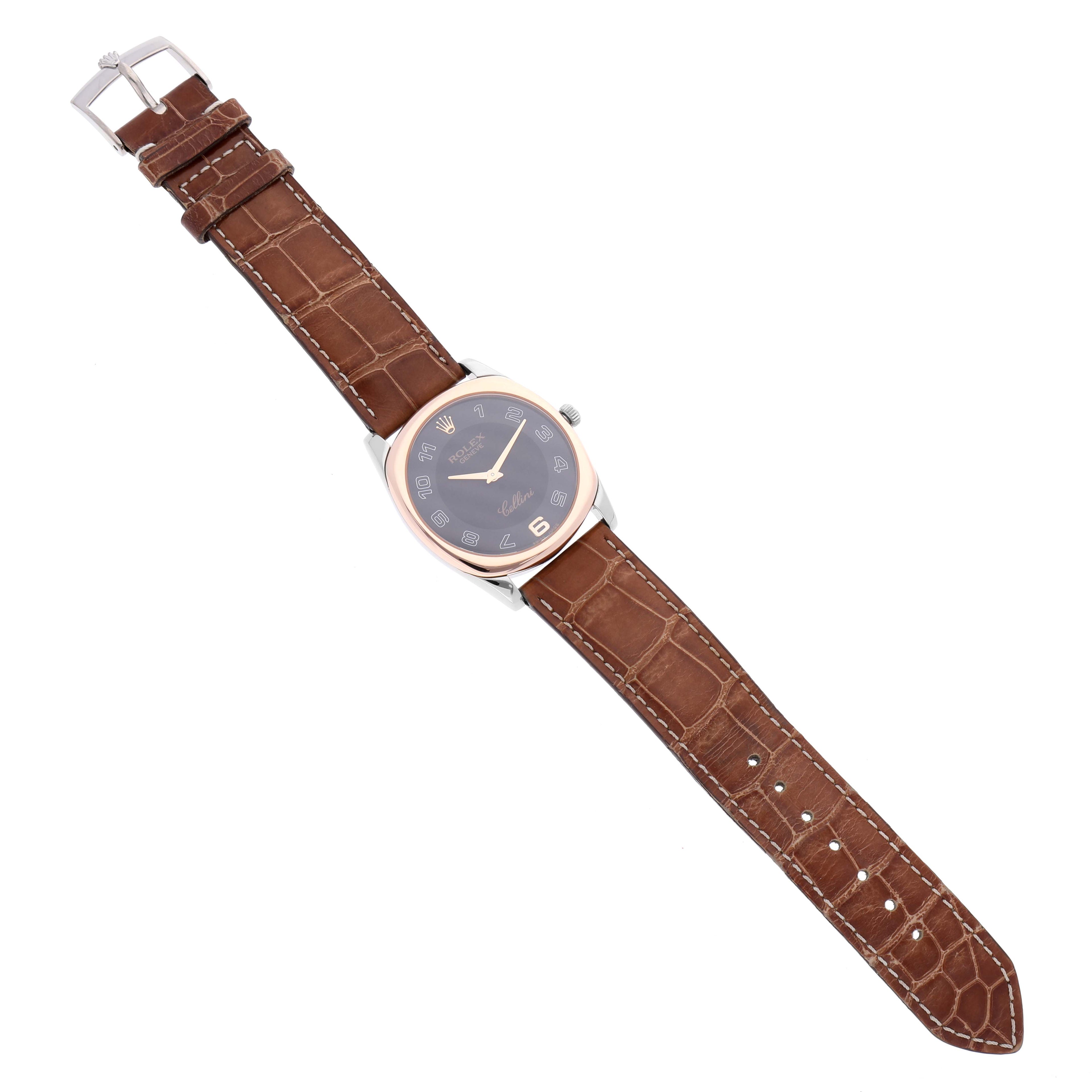 Rolex Cellini Danaos White and Rose Gold Brown Strap Mens Watch 4233