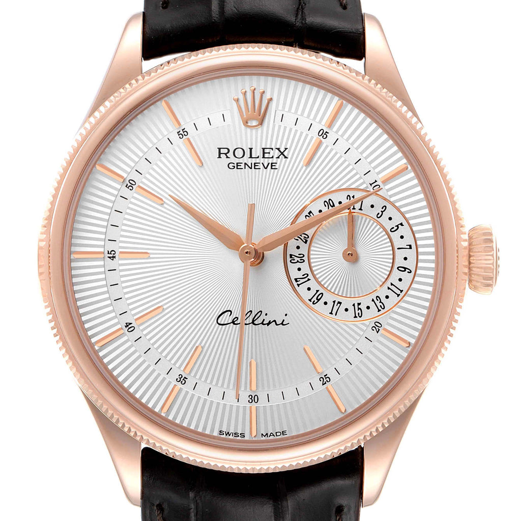 Rolex Cellini Date 18K Everose Gold Silver Dial Mens Watch 50515 Box Card