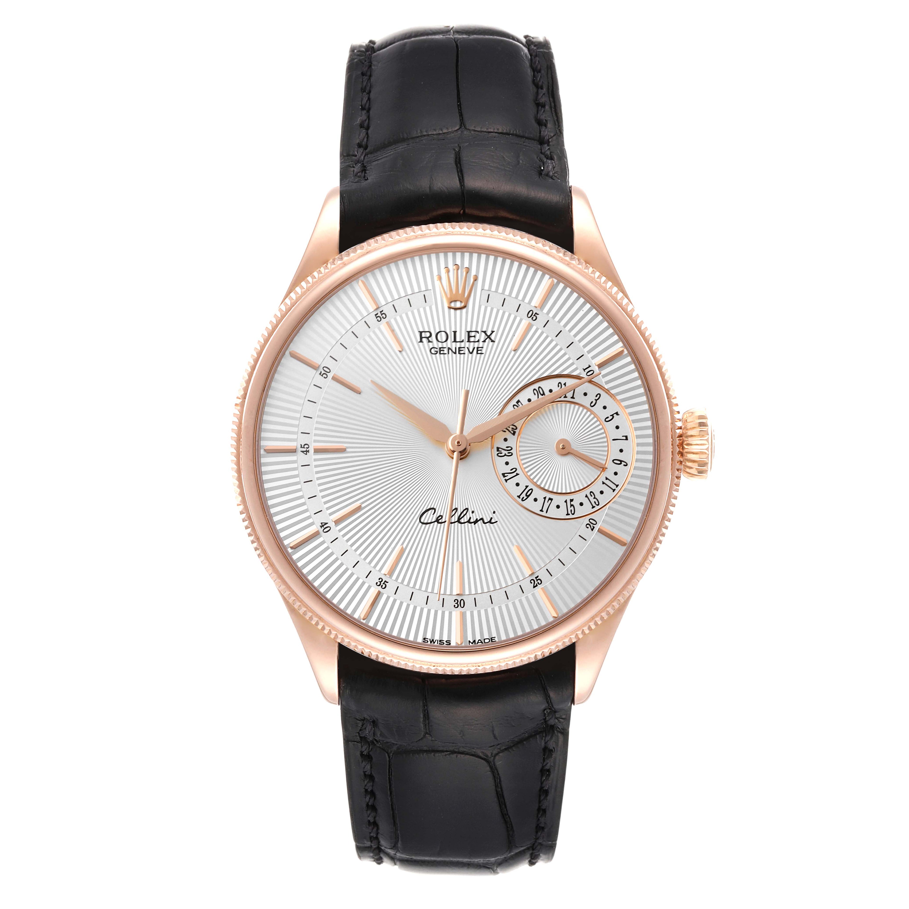 Rolex Cellini Date 18K Rose Gold Silver Dial Mens Watch 50515 Box Card
