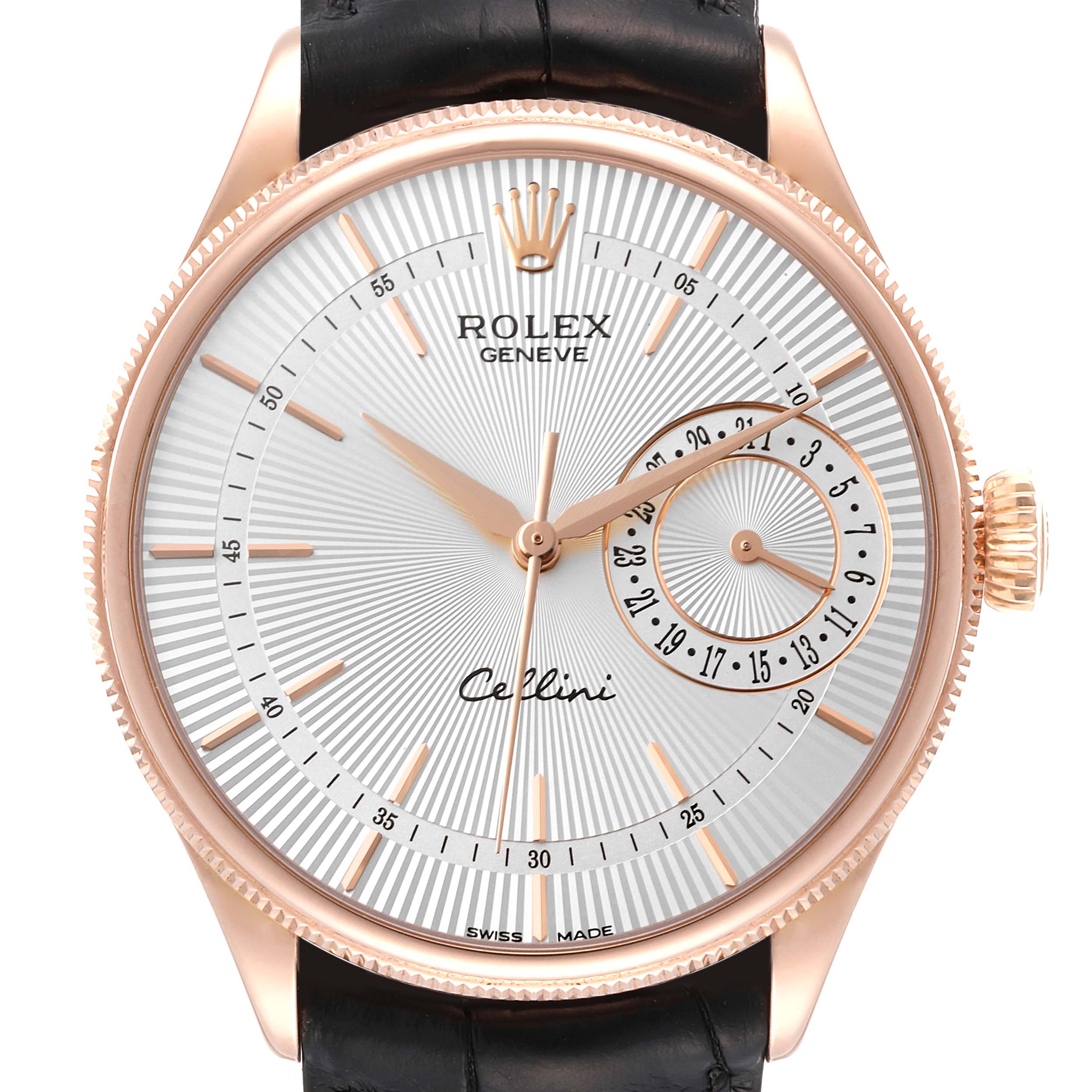 Rolex Cellini Date 18K Rose Gold Silver Dial Mens Watch 50515 Box Card