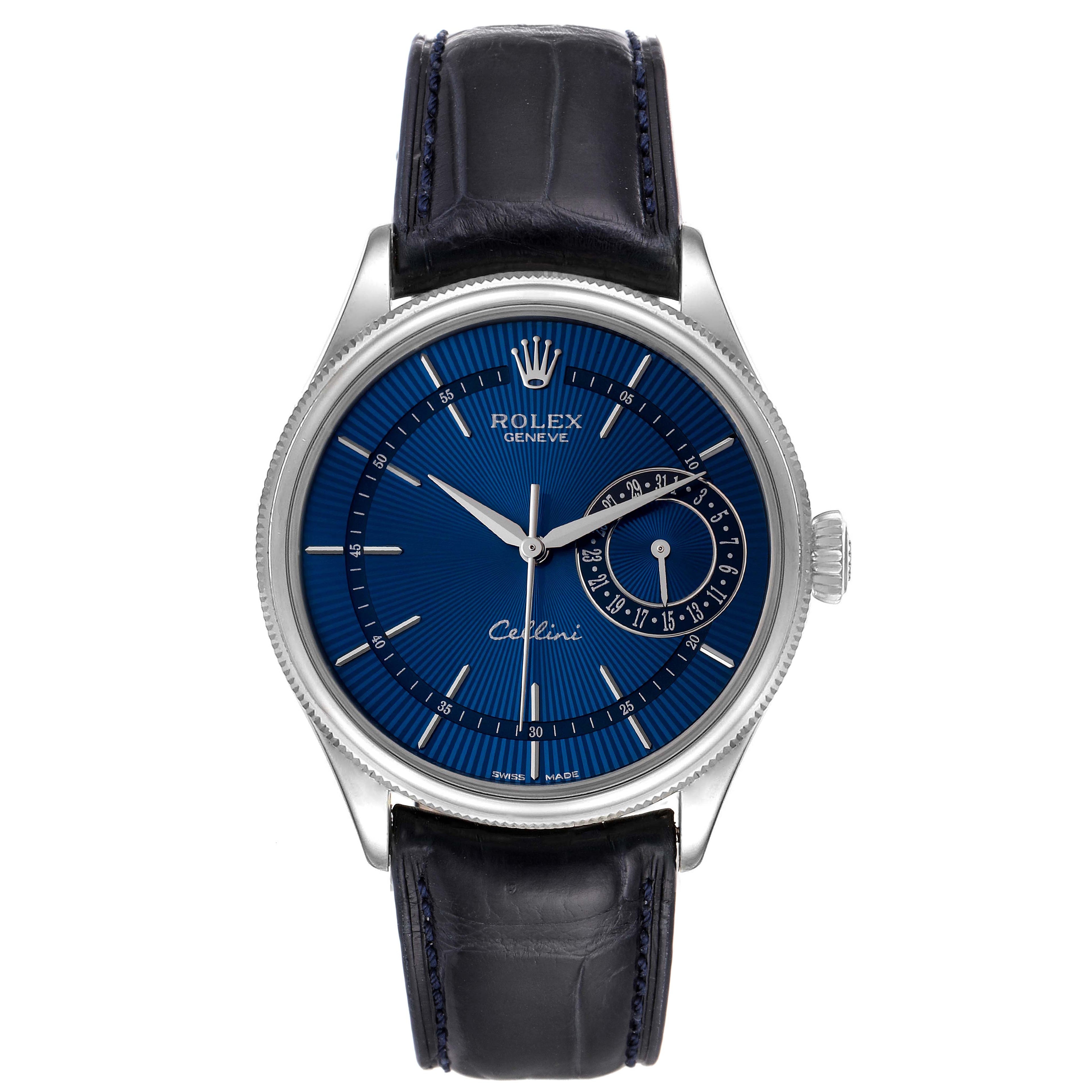 Rolex Cellini Date 18K White Gold Blue Dial Mens Watch 50519