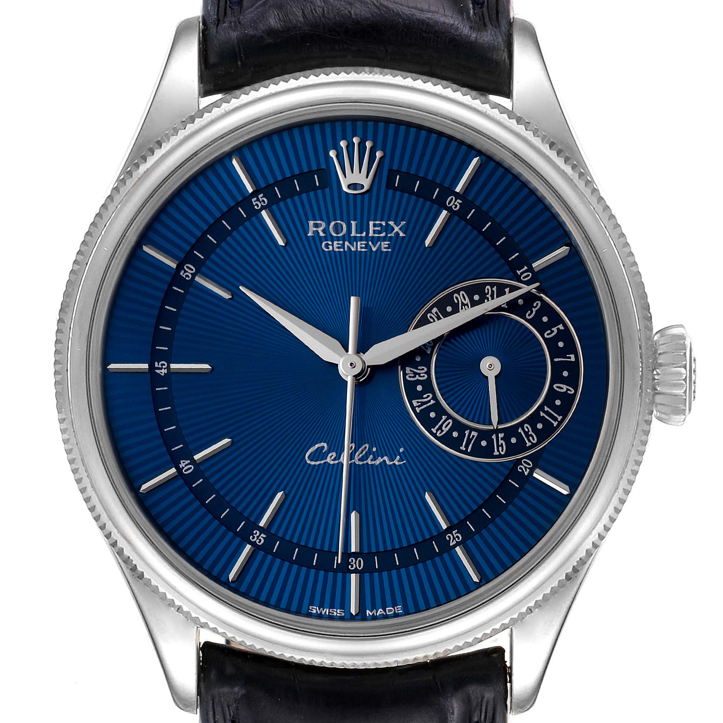 Rolex Cellini Date 18K White Gold Blue Dial Mens Watch 50519