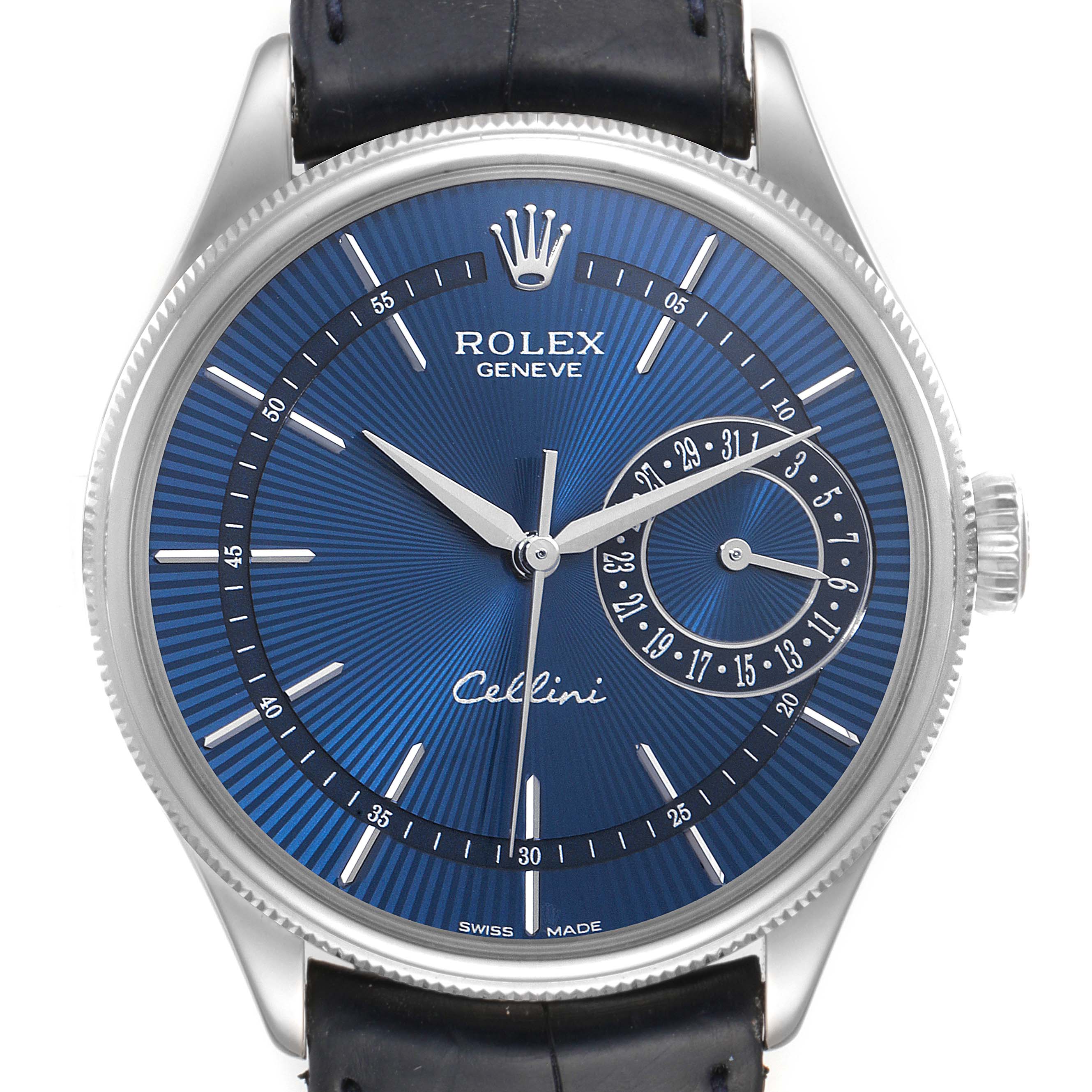Rolex Cellini Date 18K White Gold Blue Dial Mens Watch 50519 Box Card