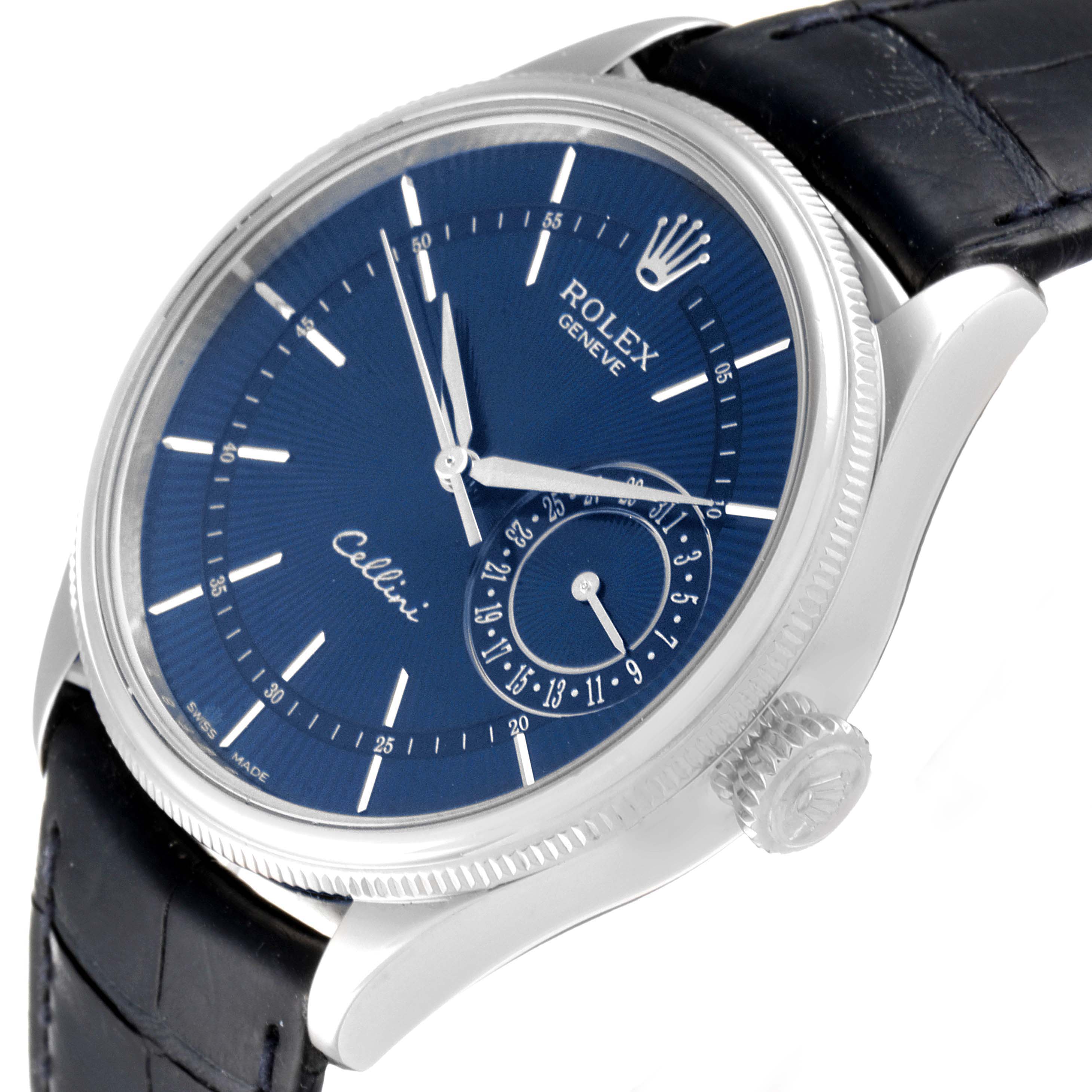 Rolex Cellini Date 18K White Gold Blue Dial Mens Watch 50519 Box Card