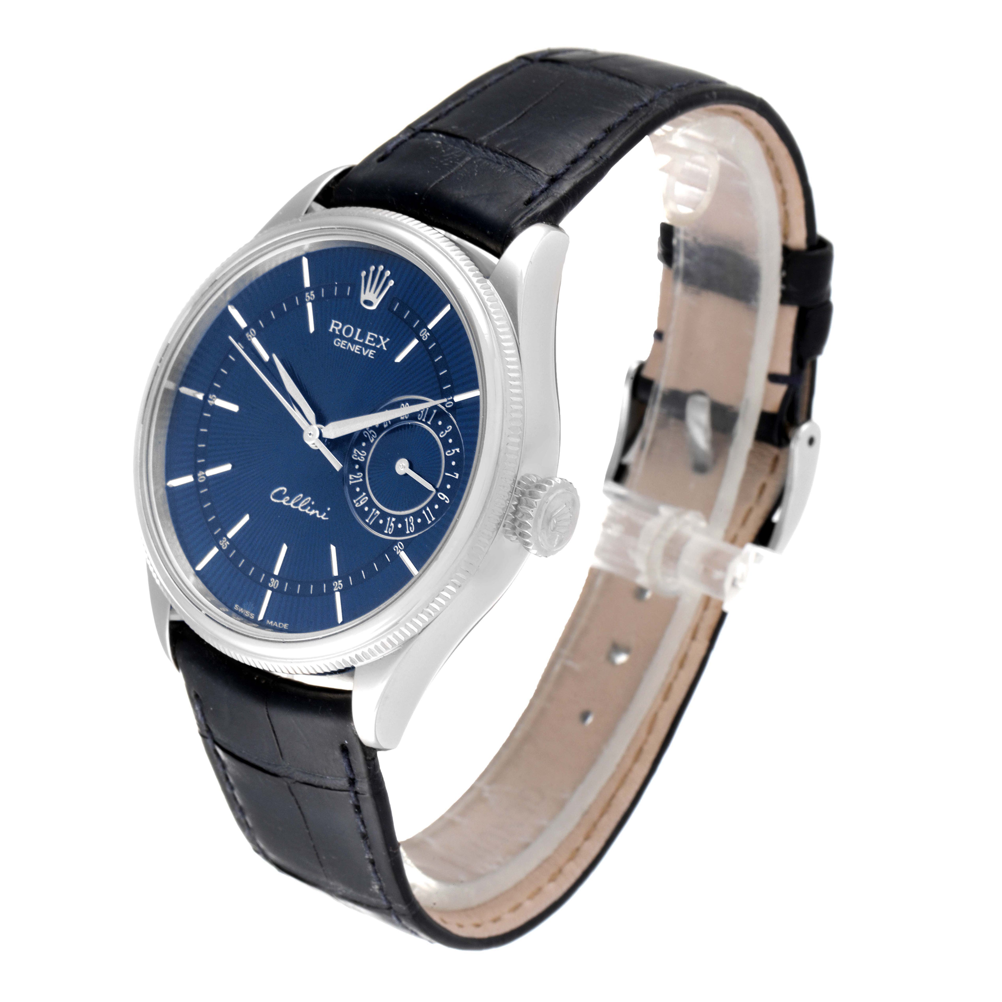 Rolex Cellini Date 18K White Gold Blue Dial Mens Watch 50519 Box Card