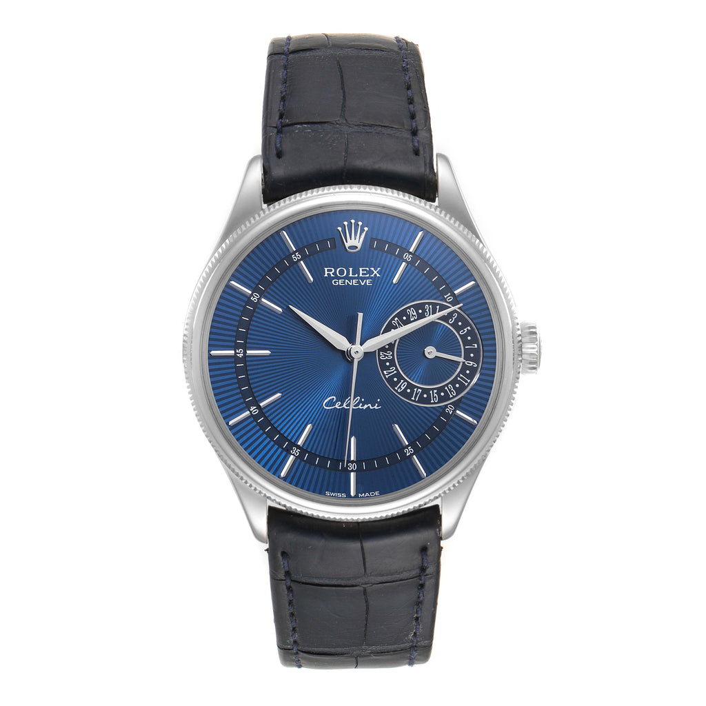 Rolex Cellini Date 18K White Gold Blue Dial Mens Watch 50519 Box Card