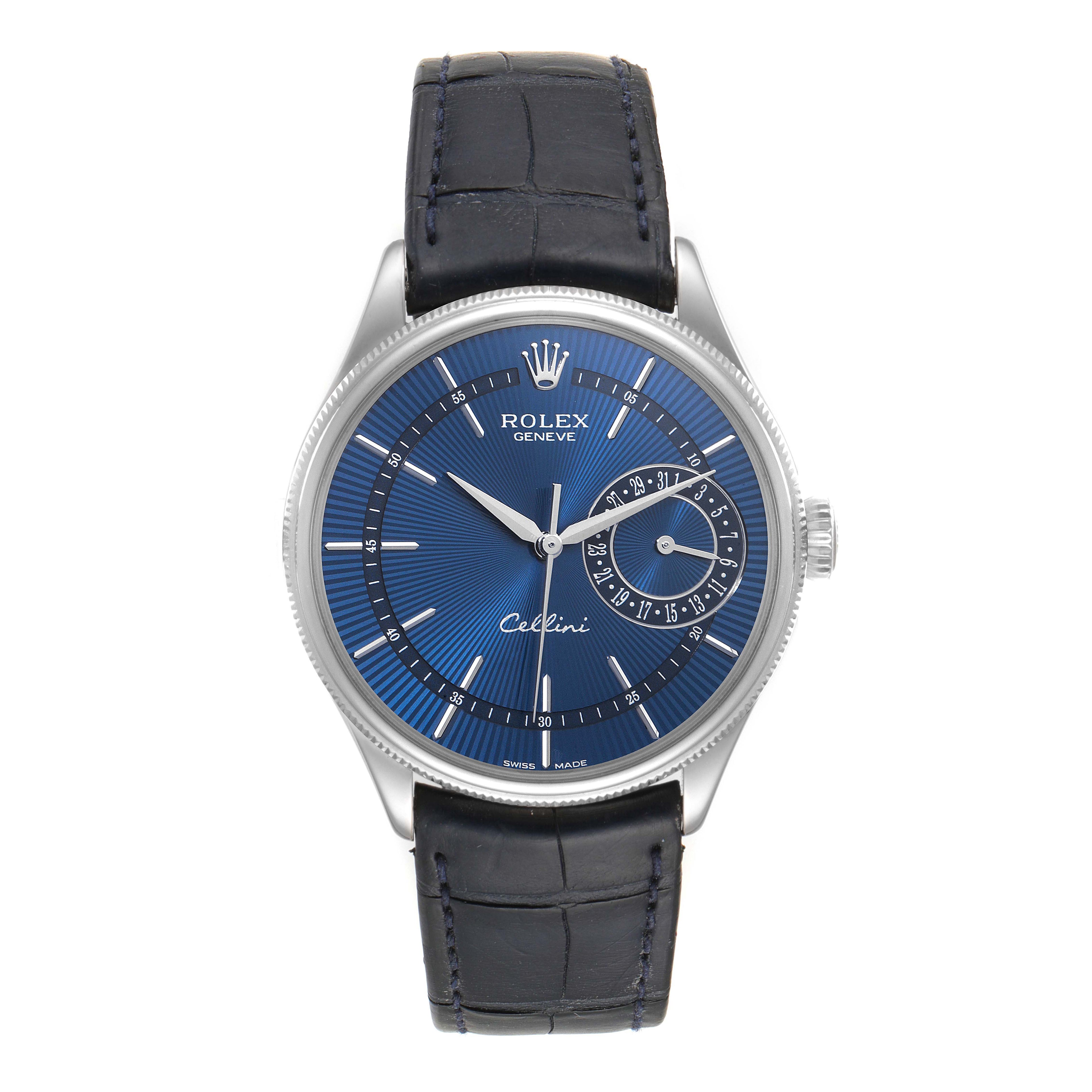 Rolex Cellini Date 18K White Gold Blue Dial Mens Watch 50519 Box Card