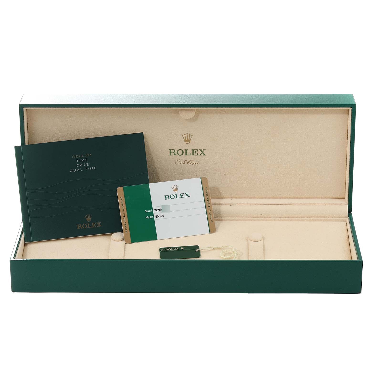 Rolex Cellini Dual Time Everose Rose Gold Automatic Mens Watch 50525 Box Card