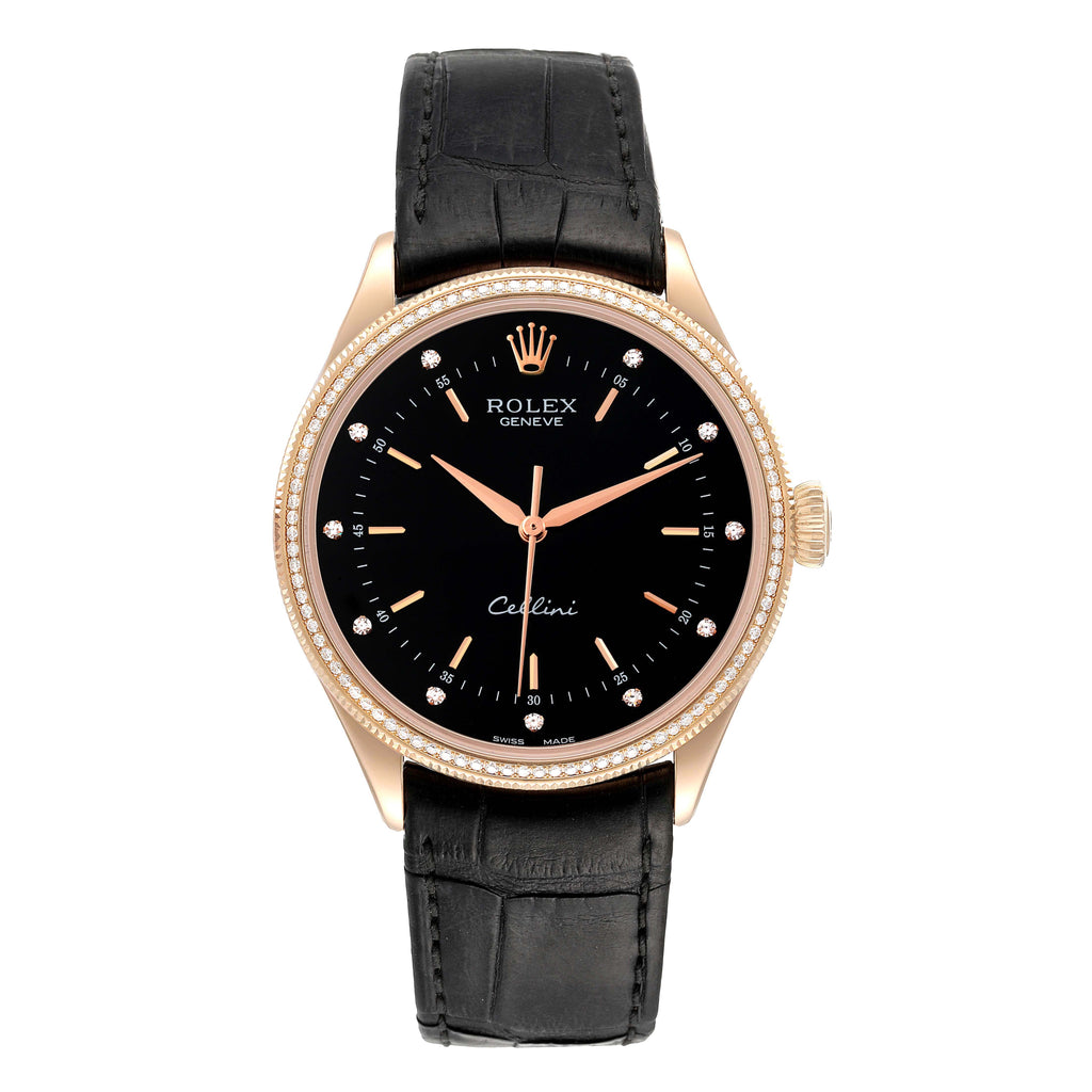 Rolex Cellini Time 18K Rose Gold Black Dial Diamond Mens Watch 50605
