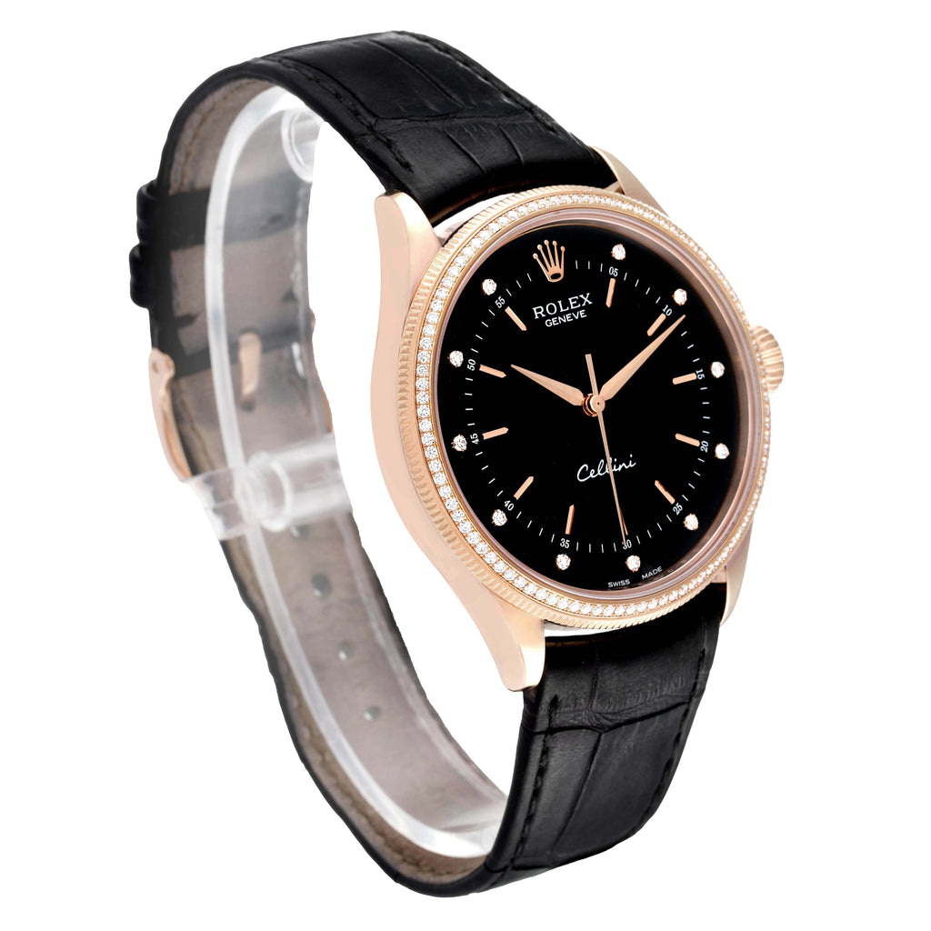 Rolex Cellini Time 18K Rose Gold Black Dial Diamond Mens Watch 50605