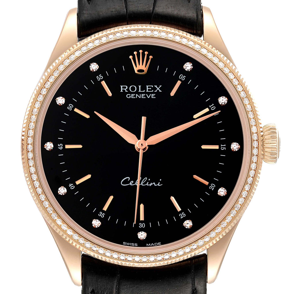 Rolex Cellini Time 18K Rose Gold Black Dial Diamond Mens Watch 50605