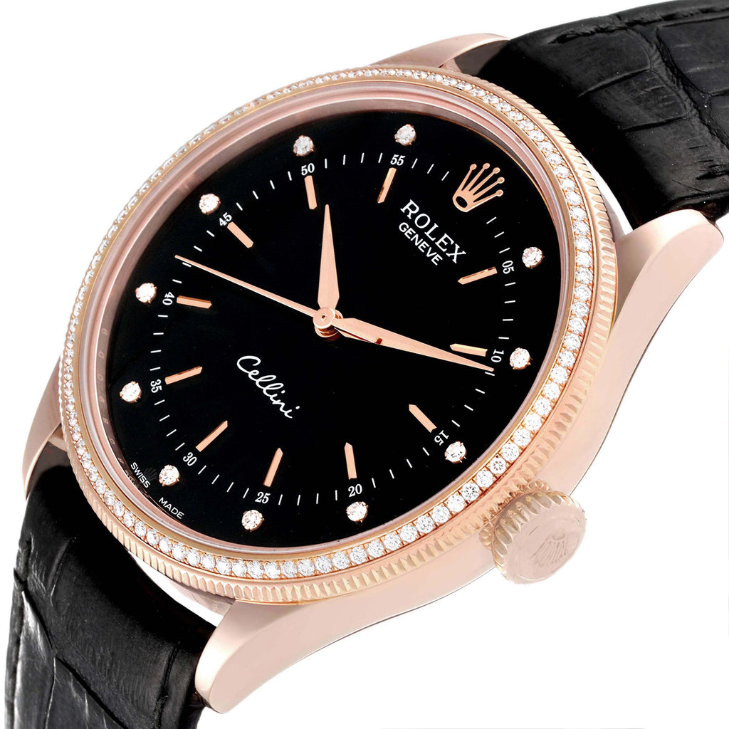 Rolex Cellini Time 18K Rose Gold Black Dial Diamond Mens Watch 50605
