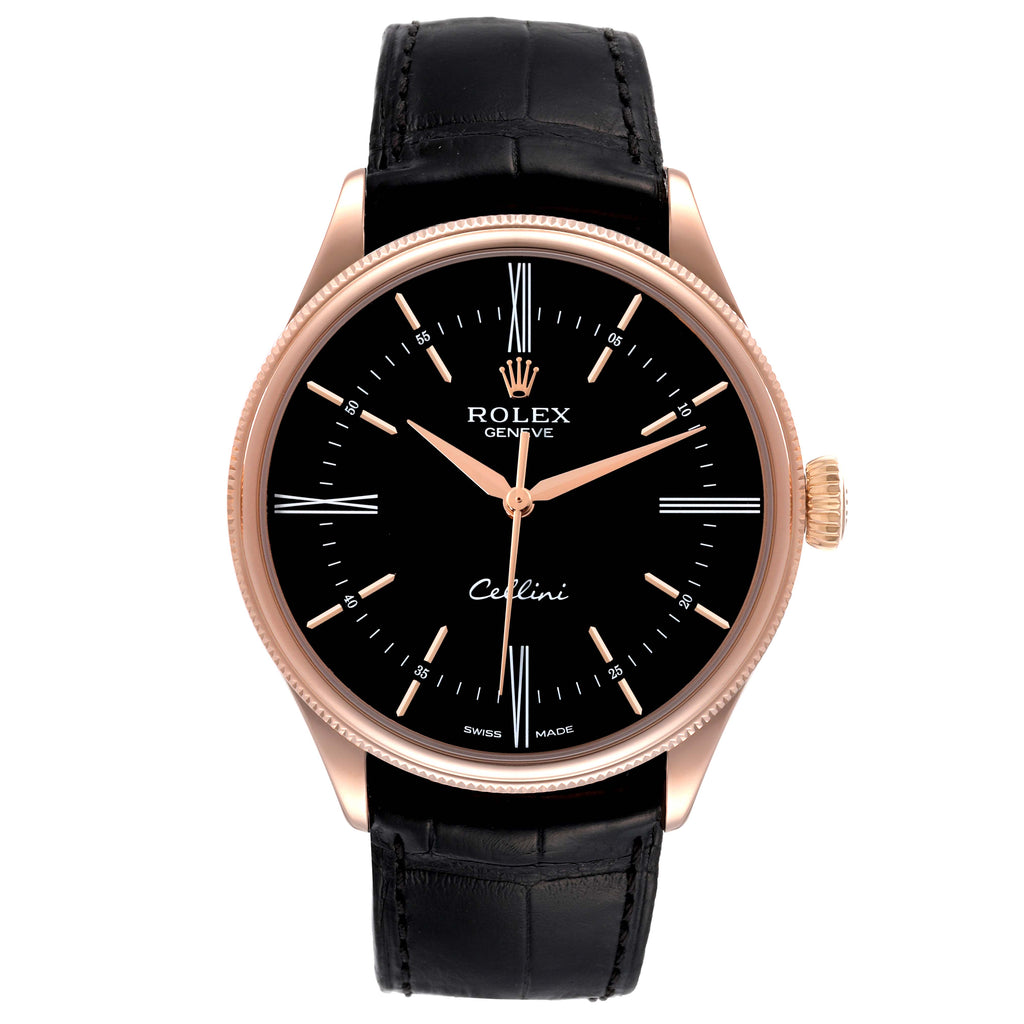 Rolex Cellini Time 18K EveRose Gold Black Dial Mens Watch 50505 Box Card