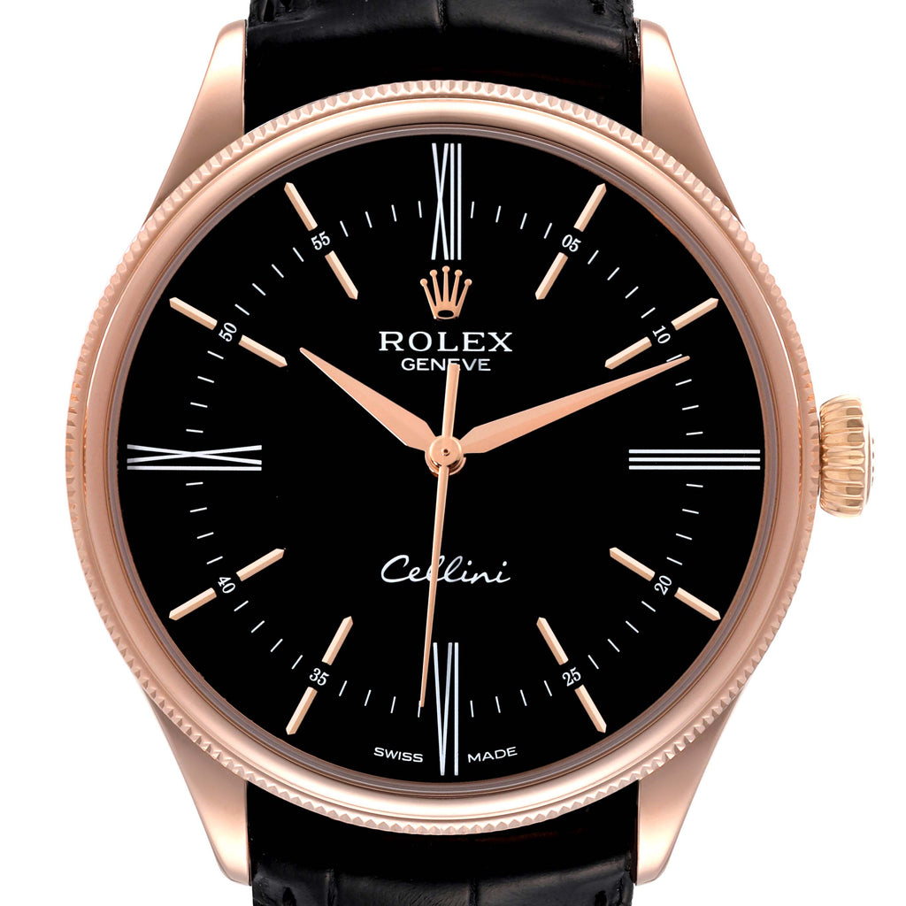 Rolex Cellini Time 18K EveRose Gold Black Dial Mens Watch 50505 Box Card