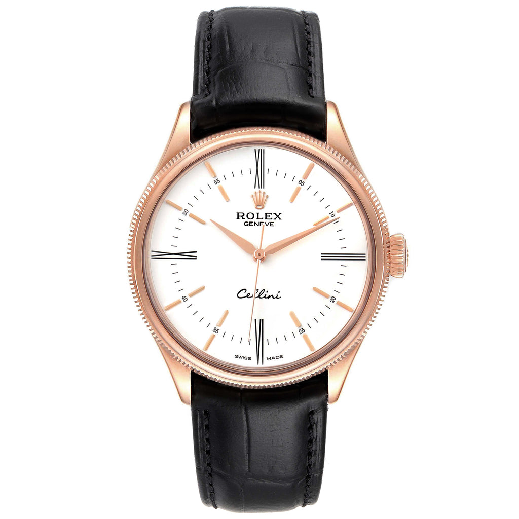 Rolex Cellini Time Rose Gold White Dial Black Strap Mens Watch 50505