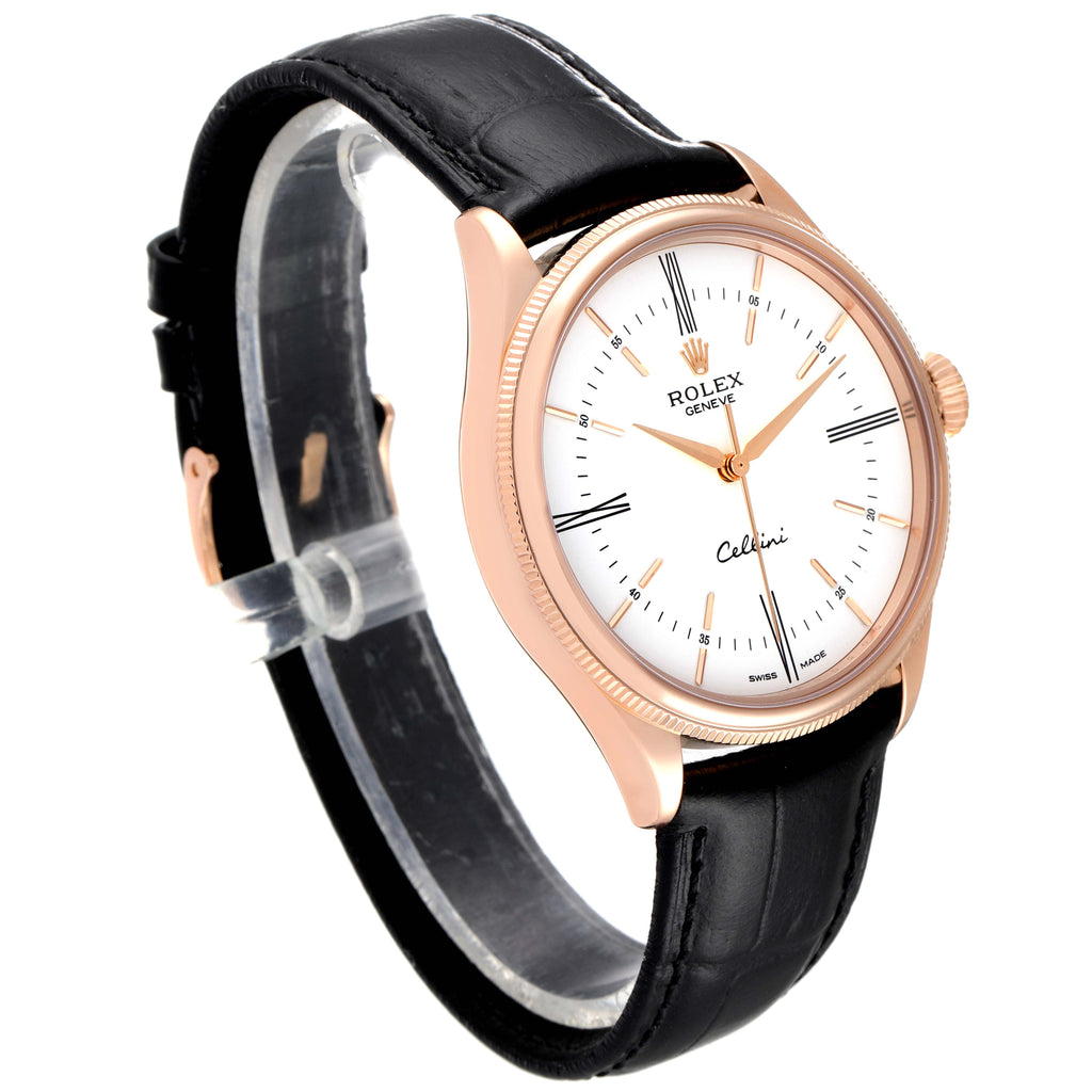 Rolex Cellini Time Rose Gold White Dial Black Strap Mens Watch 50505