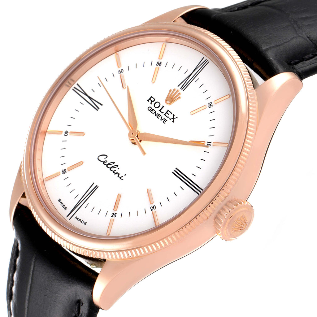 Rolex Cellini Time Rose Gold White Dial Black Strap Mens Watch 50505