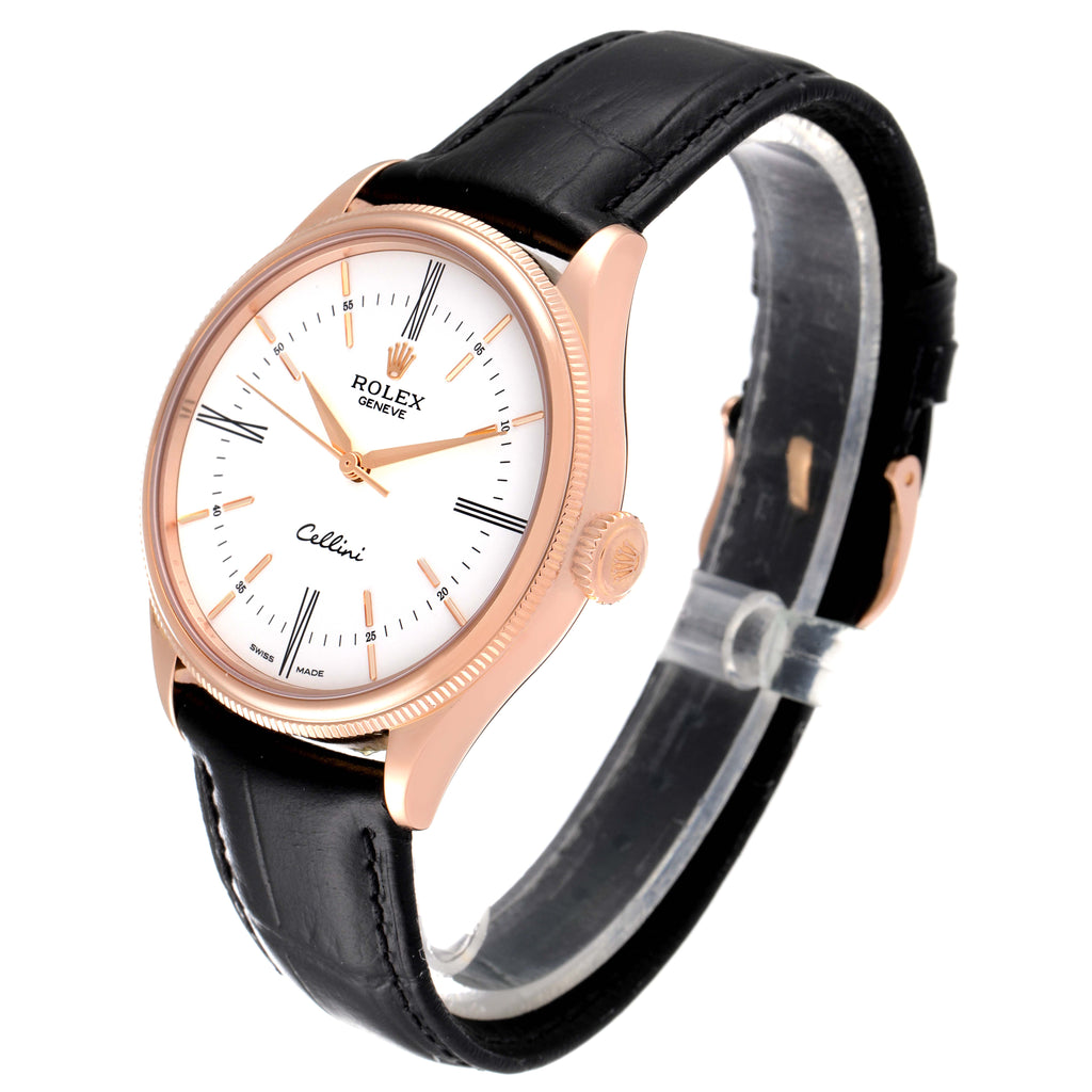 Rolex Cellini Time Rose Gold White Dial Black Strap Mens Watch 50505