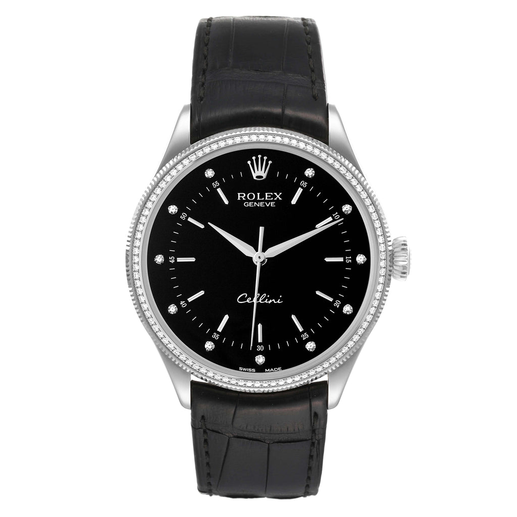 Rolex Cellini White Gold Black Dial Diamond Mens Watch 50609 Box Card