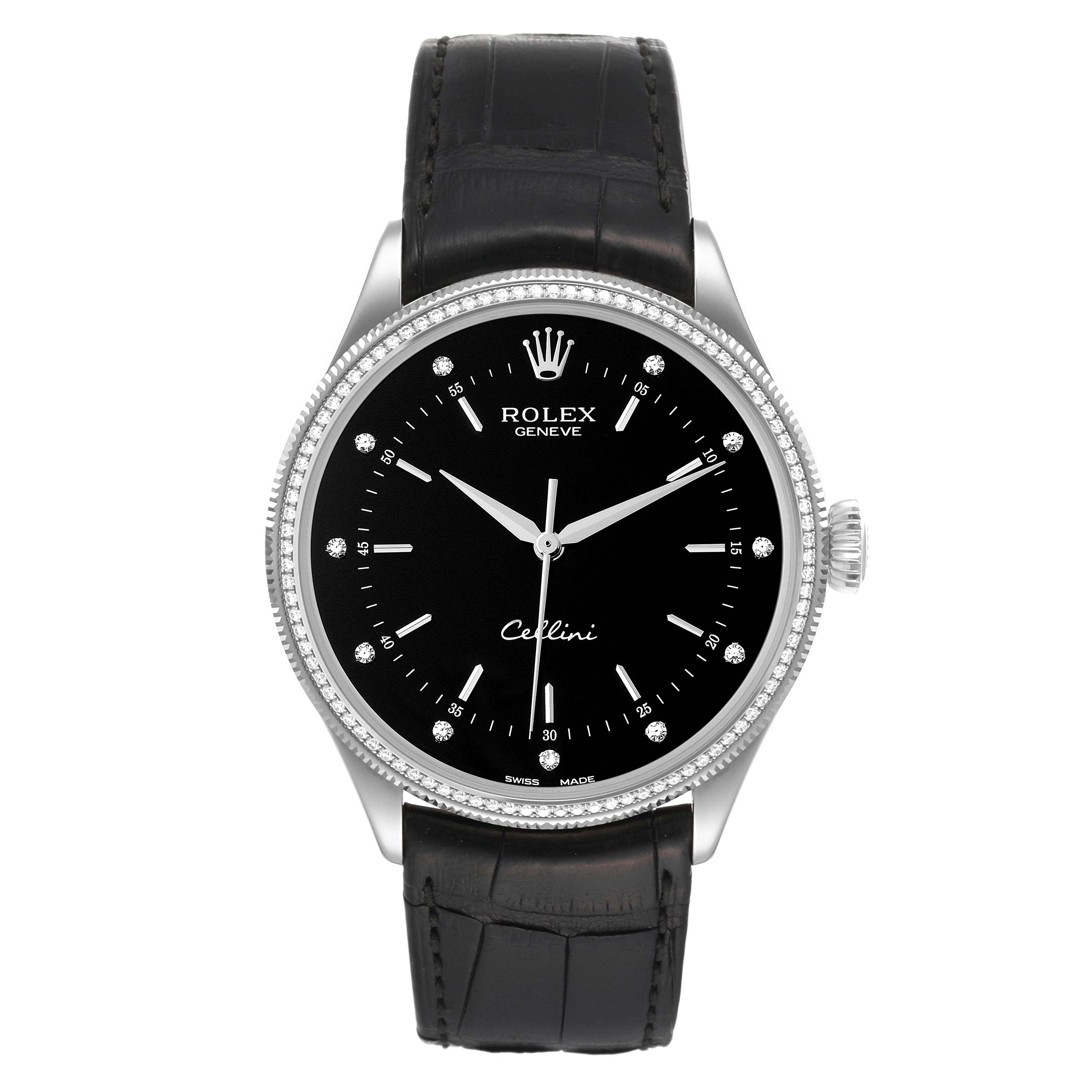 Rolex Cellini White Gold Black Dial Diamond Mens Watch 50609 Box Card