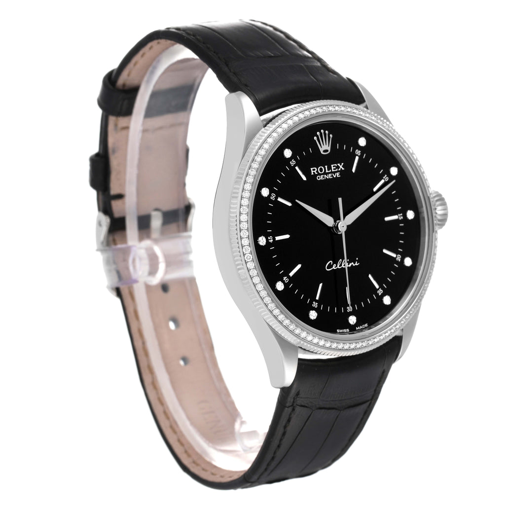 Rolex Cellini White Gold Black Dial Diamond Mens Watch 50609 Box Card