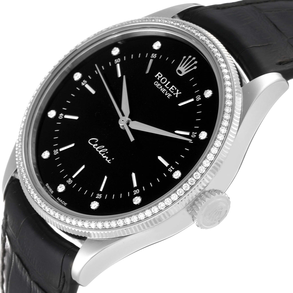 Rolex Cellini White Gold Black Dial Diamond Mens Watch 50609 Box Card