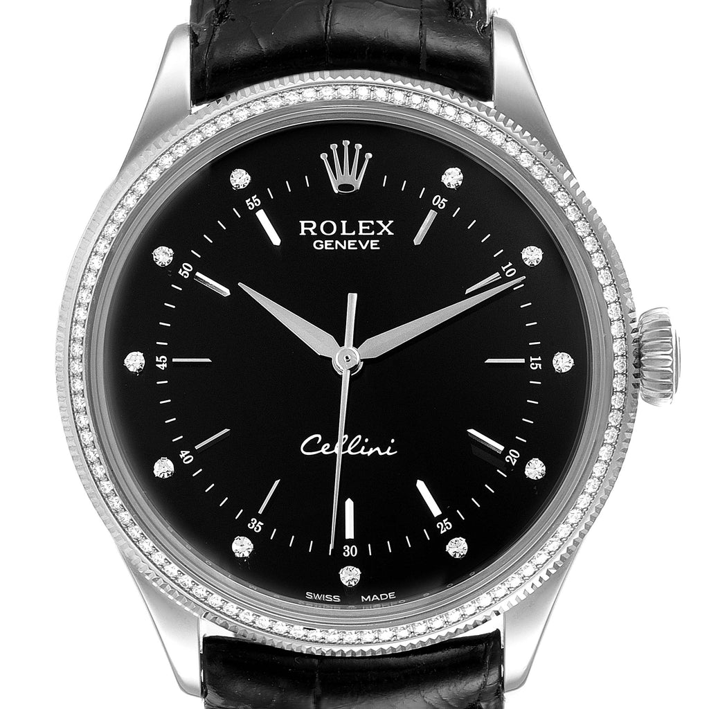 Rolex Cellini White Gold Black Dial Diamond Mens Watch 50609 Unworn