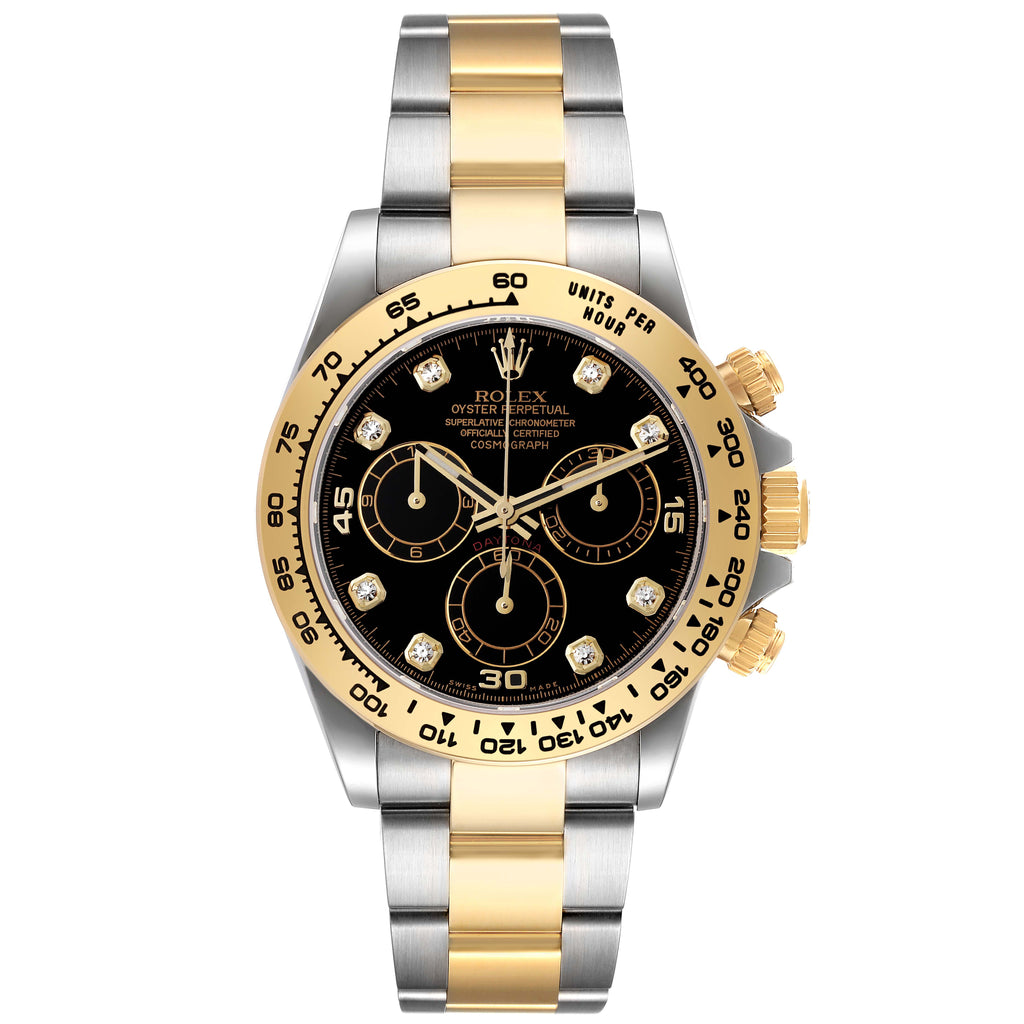 Rolex Daytona Steel Yellow Gold Black Diamond Dial Mens Watch 116503 Box Card ONE LINK ADDED