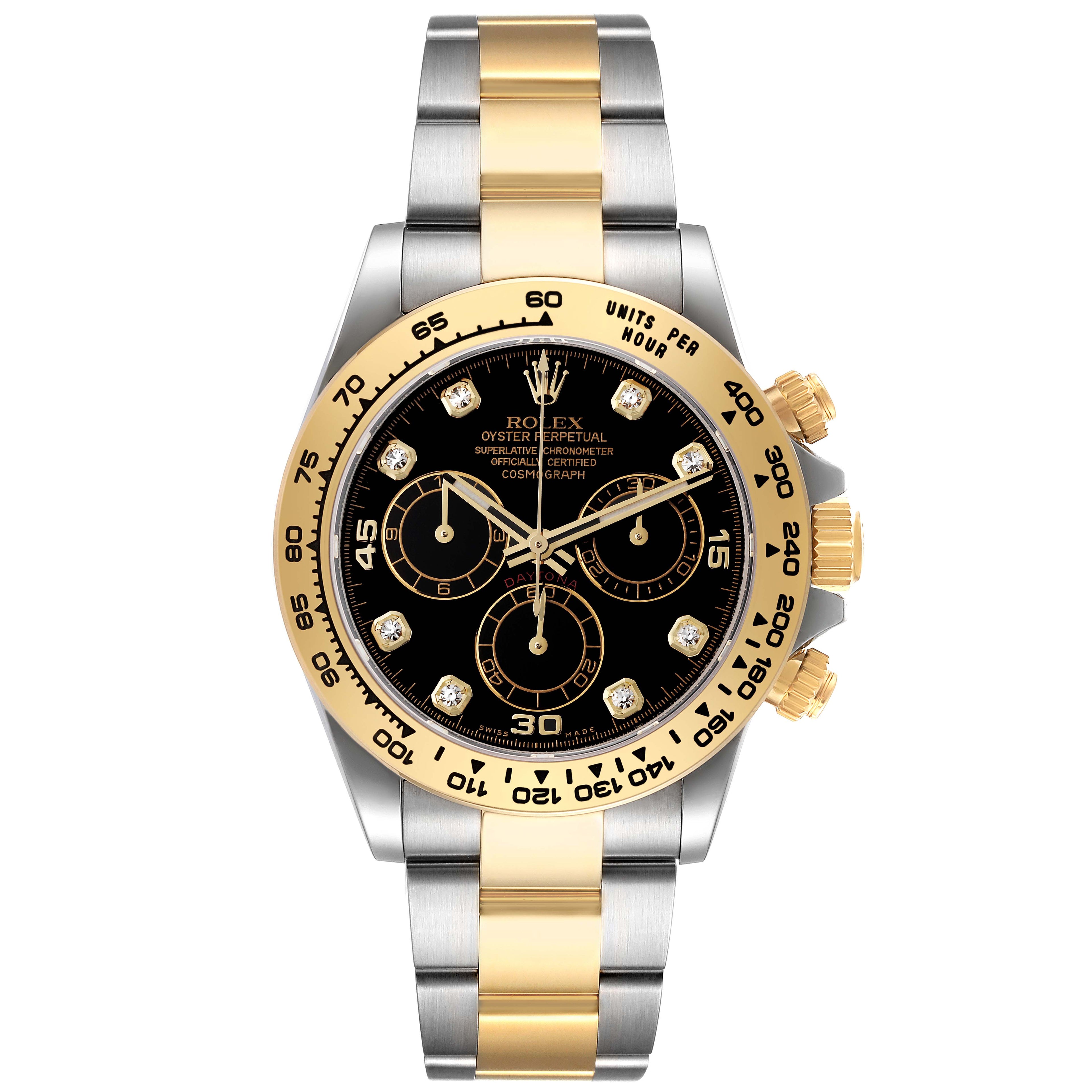 Rolex Daytona Steel Yellow Gold Black Diamond Dial Mens Watch 116503 Box Card ONE LINK ADDED