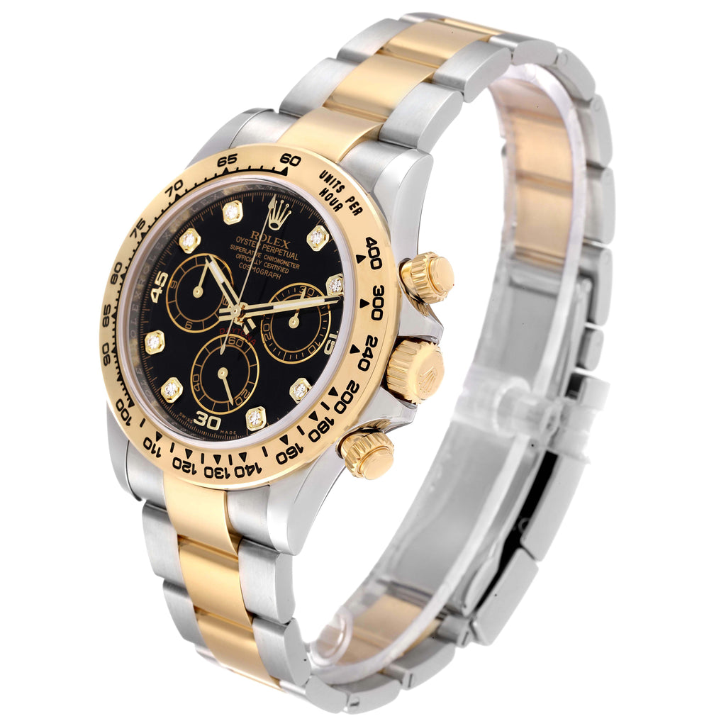 Rolex Daytona Steel Yellow Gold Black Diamond Dial Mens Watch 116503 Box Card ONE LINK ADDED