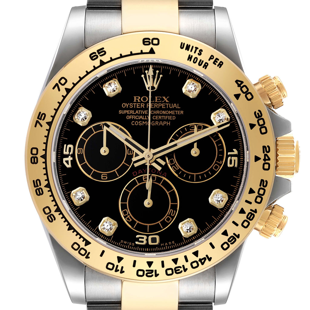 Rolex Daytona Steel Yellow Gold Black Diamond Dial Mens Watch 116503 Box Card ONE LINK ADDED