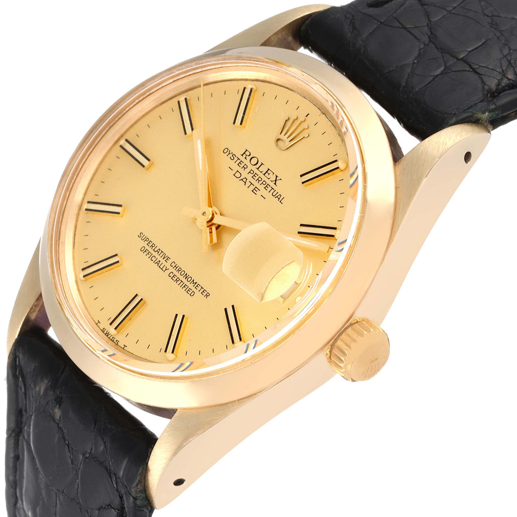 Rolex Date 14k Yellow Gold Champagne Dial Vintage Mens Watch 15007