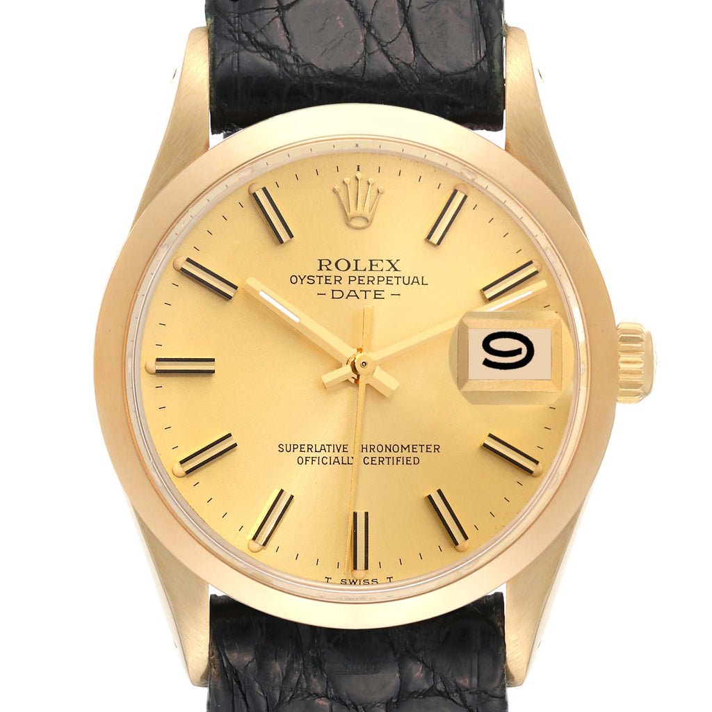 Rolex Date 14k Yellow Gold Champagne Dial Vintage Mens Watch 15007