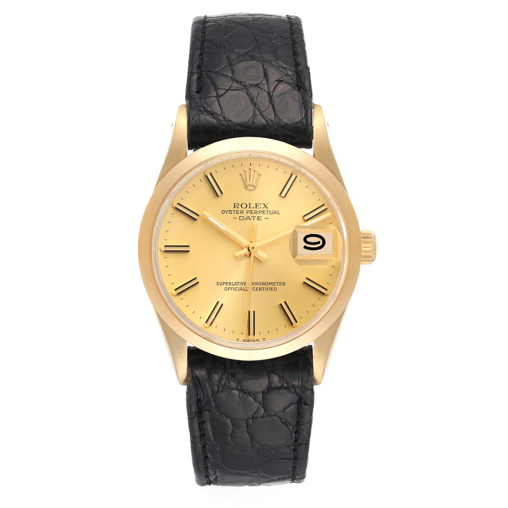 Rolex Date 14k Yellow Gold Champagne Dial Vintage Mens Watch 15007