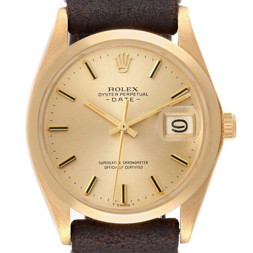Rolex Date 18k Yellow Gold Champagne Dial Vintage Mens Watch 1500