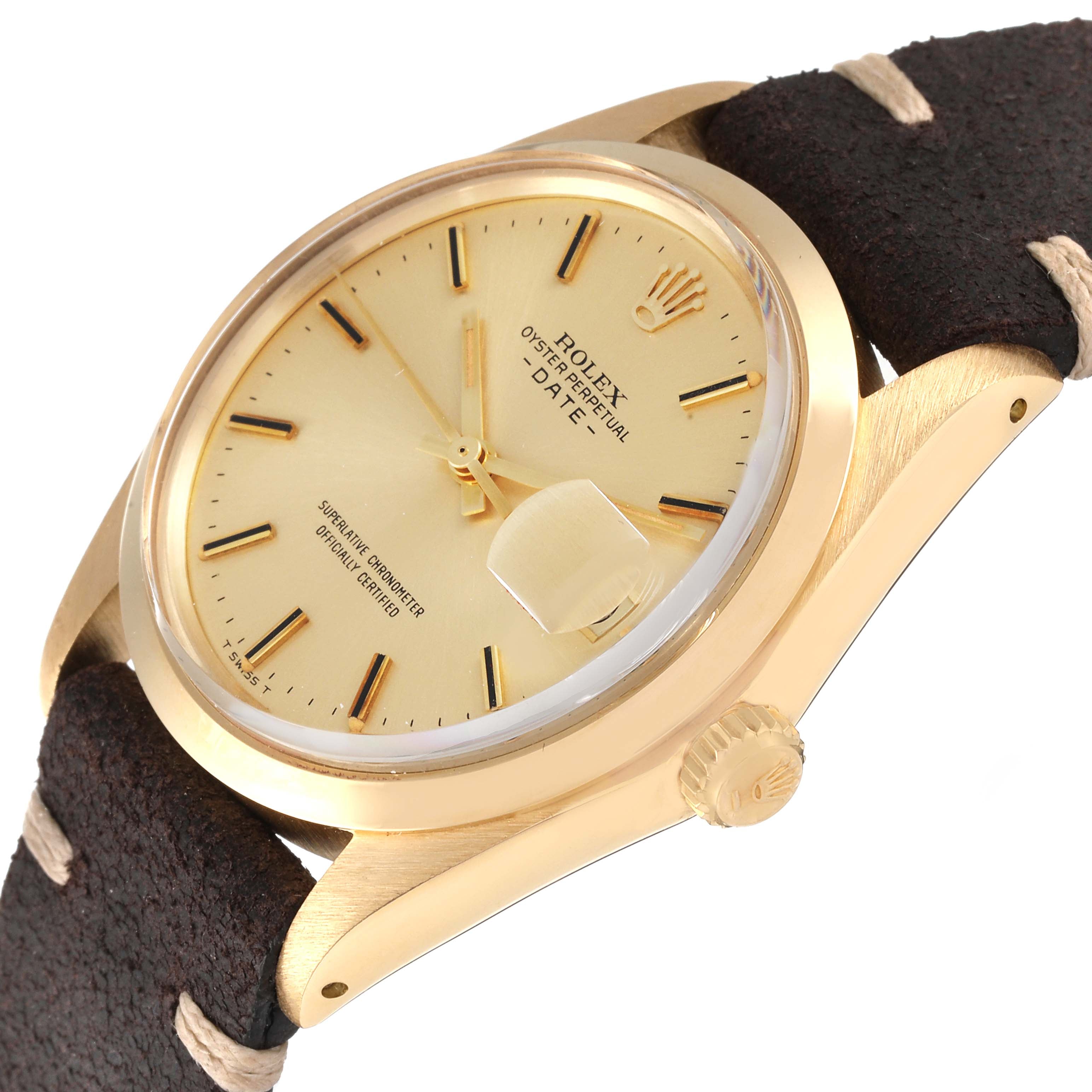 Rolex Date 18k Yellow Gold Champagne Dial Vintage Mens Watch 1500