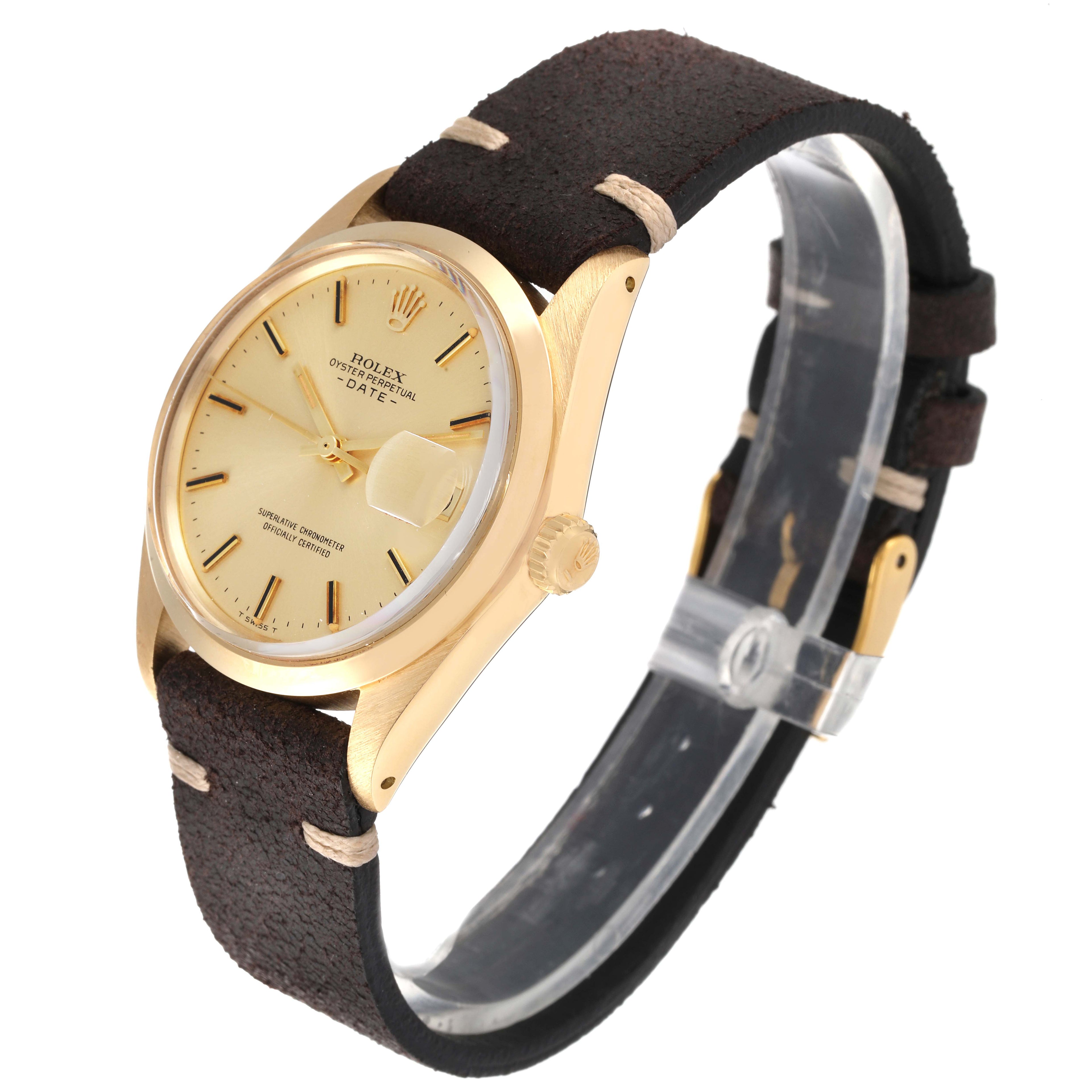 Rolex Date 18k Yellow Gold Champagne Dial Vintage Mens Watch 1500